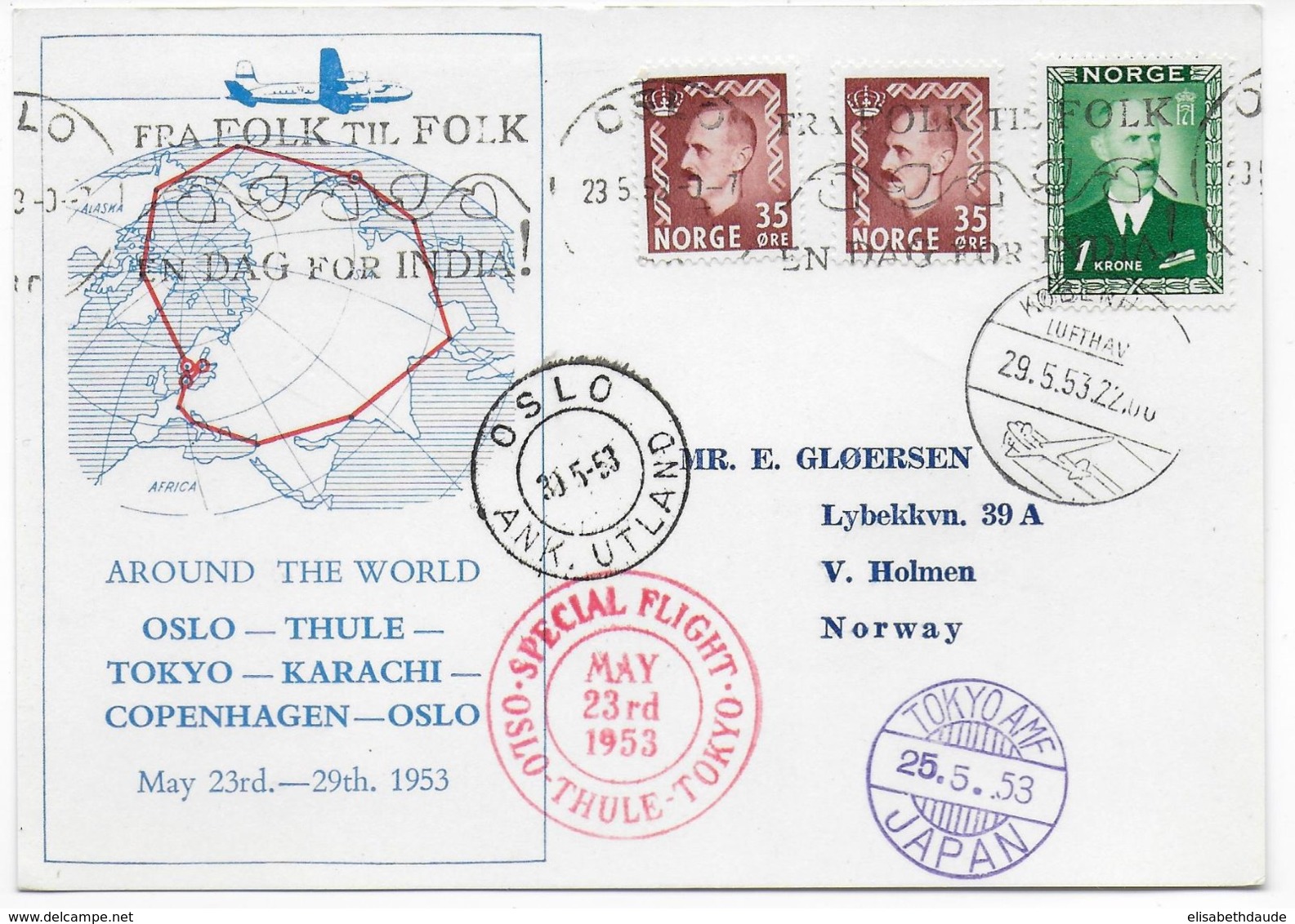 NORVEGE - 1953 - CARTE "AUTOUR DU MONDE" - VOL SPECIAL OSLO - TOKYO (JAPAN) - KARACHI - COPENHAGEN - OSLO - Storia Postale