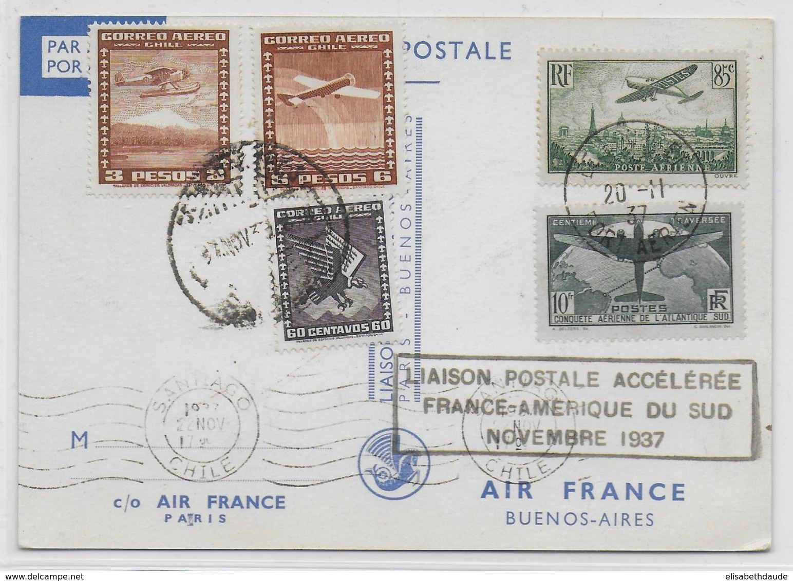 1937 - YT 321 Sur CARTE LAISON POSTALE ACCELEREE FRANCE - AMERIQUE DU SUD - PARIS à SANTIAGO Du CHILI Puis BUENOS AIRES - 1927-1959 Covers & Documents