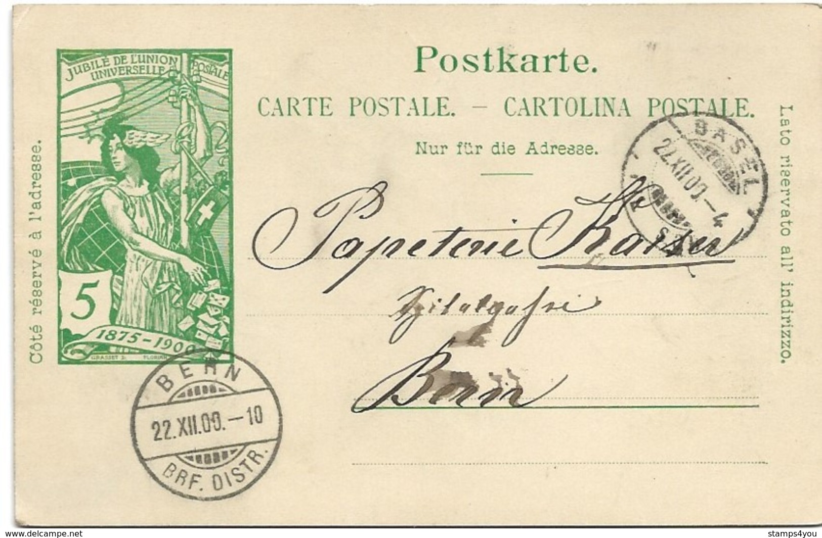 214 - 63 - Entier Postal UPU Avec Cachets à Date Basel Et Bern 1900 - Postwaardestukken