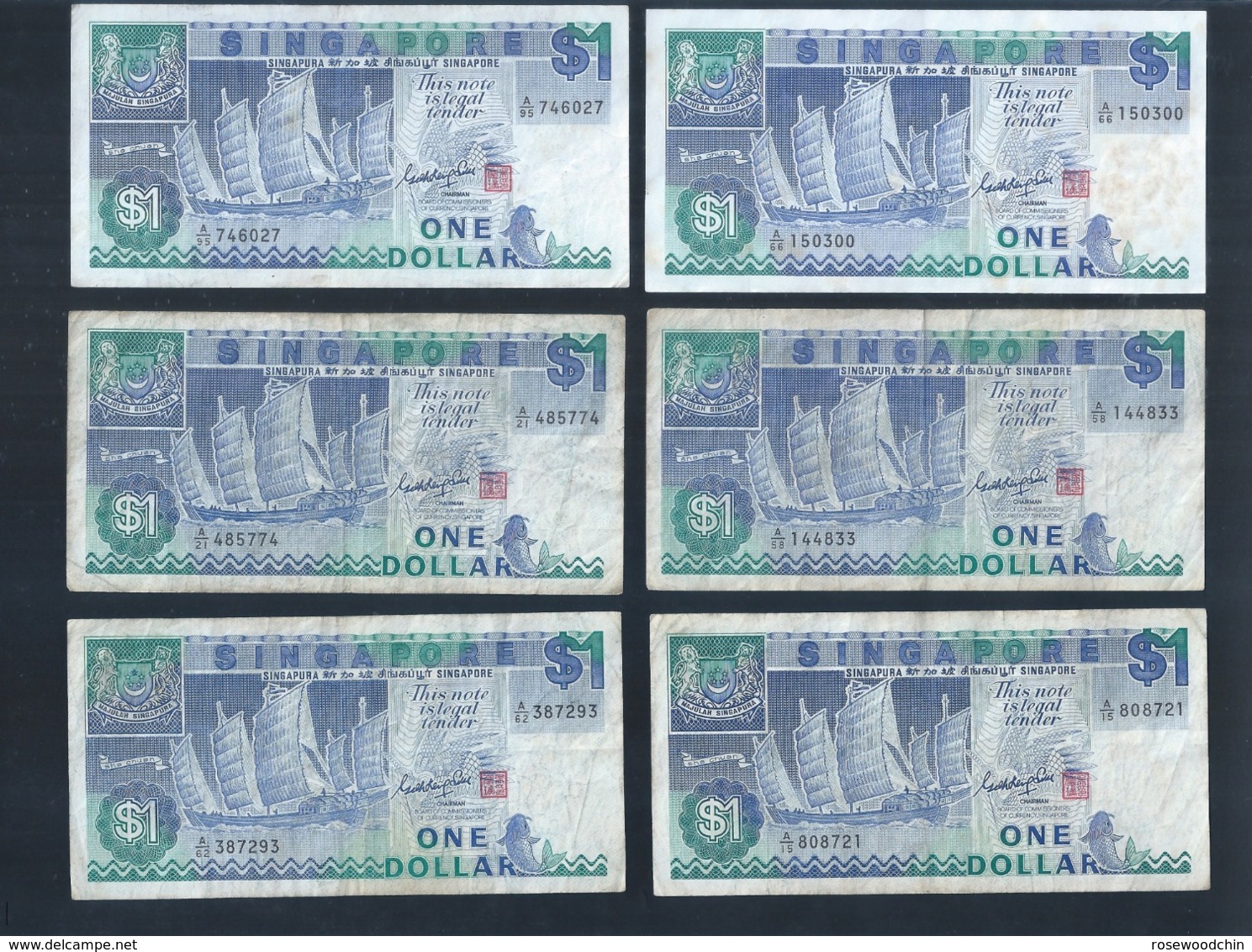 Lot Of 6 Pcs. Singapore $1 Ship Series Banknote Money  (#129) - Singapour