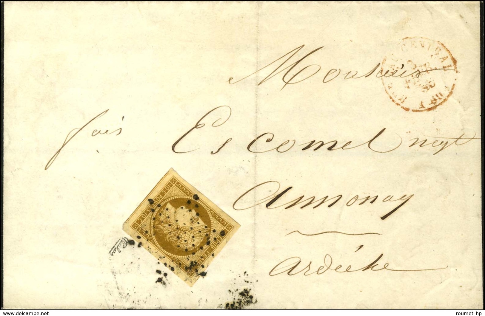Etoile / N° 1 Bistre Brun Exceptionnelles Marges Càd Rouge BUREAU CENTRAL (60) Sur Imprimé Complet Pour Annonay. 1853. - - 1849-1850 Ceres