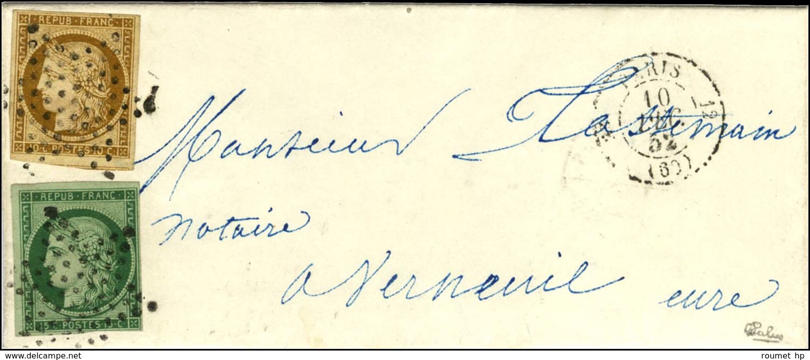 Etoile / N° 1 + 2 Vert Foncé Càd PARIS (60) Sur Lettre Avec Texte Adressée Au Tarif Territorial à Verneuil. 1852. - SUP. - 1849-1850 Cérès