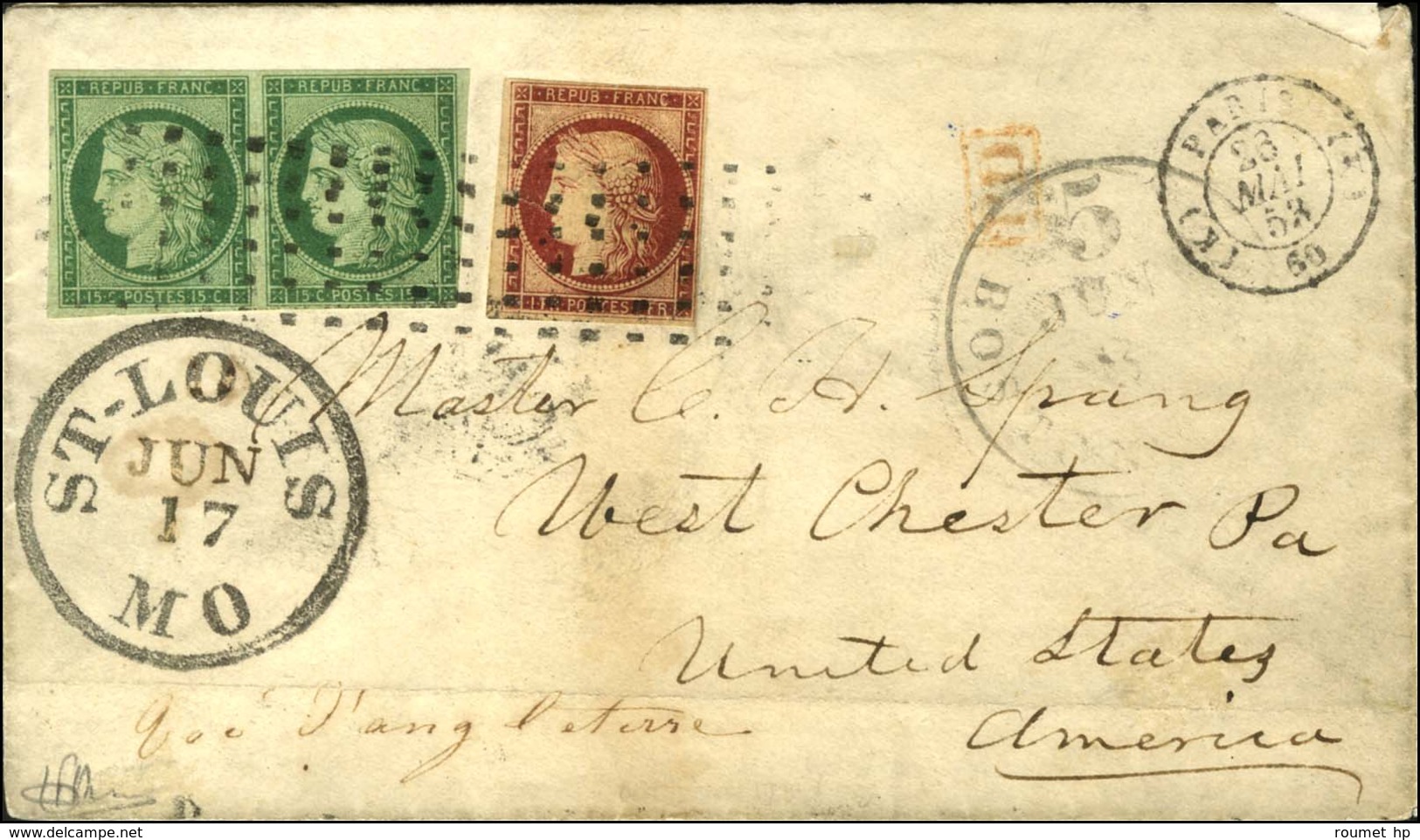 Rouleau De Gros Points / N° 2 Vert Foncé, Paire, 1 Ex Leg Def + N° 6 Froissure Càd (K) PARIS (K) Sur Lettre Pour Saint L - 1849-1850 Cérès