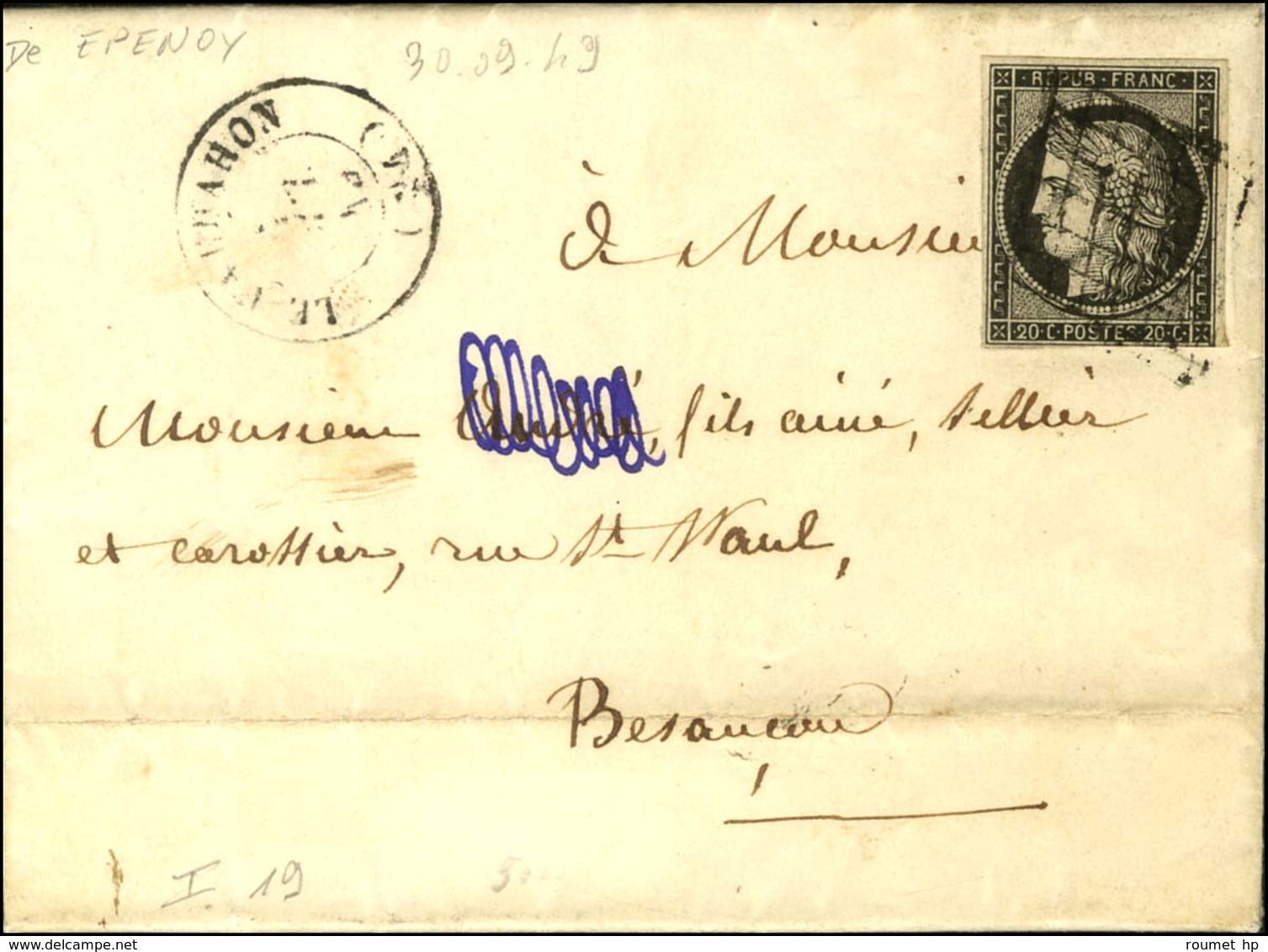 Grille / N° 3 Càd T 15 LE VALDAHON (24) Sur Lettre Avec Texte Daté Epenoy. 1849. - TB. - 1849-1850 Ceres