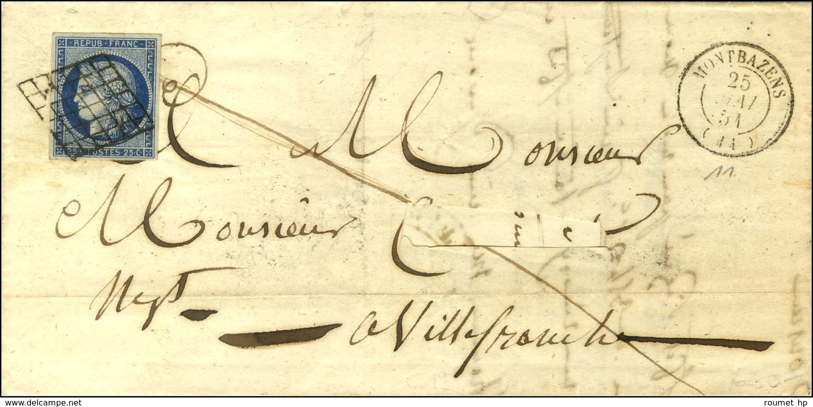 Grille / N° 4 Càd T 15 MONTBAZENS (11) Sur Lettre Avec Adresse En Partie Découpée Pour Villefranche. 1851. - TB. - 1849-1850 Ceres
