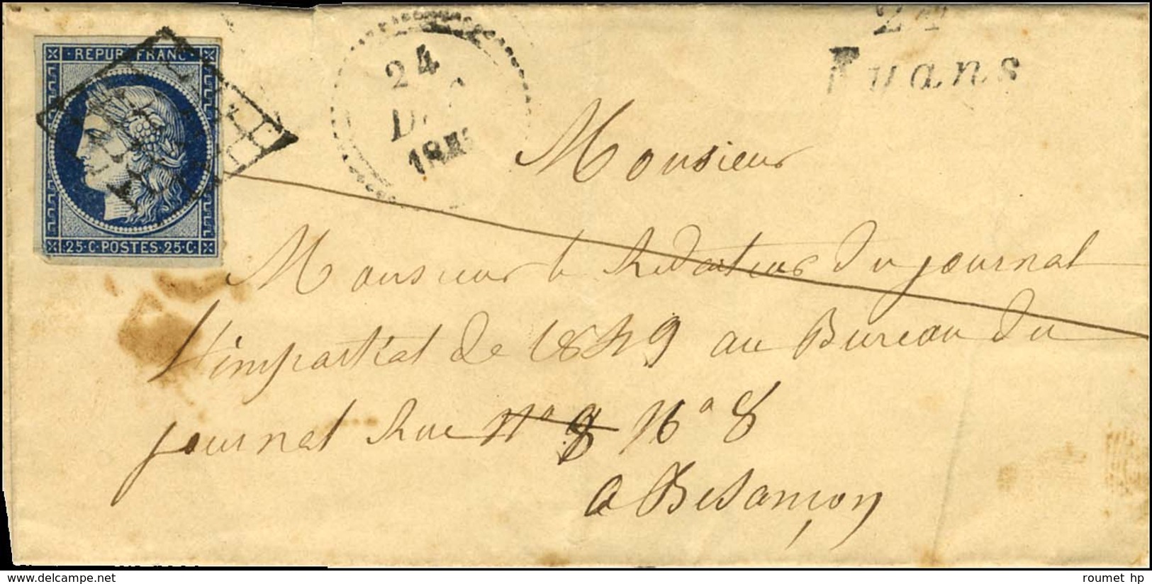 Grille / N° 4 Cursive 24 / Fluans Sur Lettre Pour Besançon. - TB. - 1849-1850 Cérès