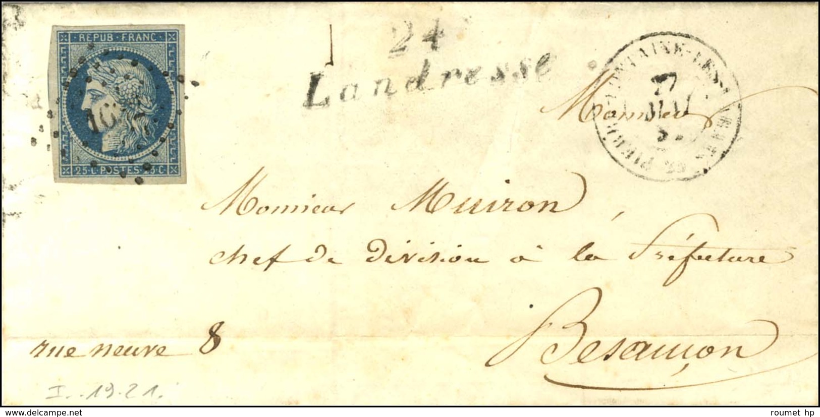 PC 1632 / N° 4 Càd T 15 PIERREFONTAINE-LES-VARANS 24 Cursive 24 / Landresse. 1852. - TB. - R. - 1849-1850 Cérès