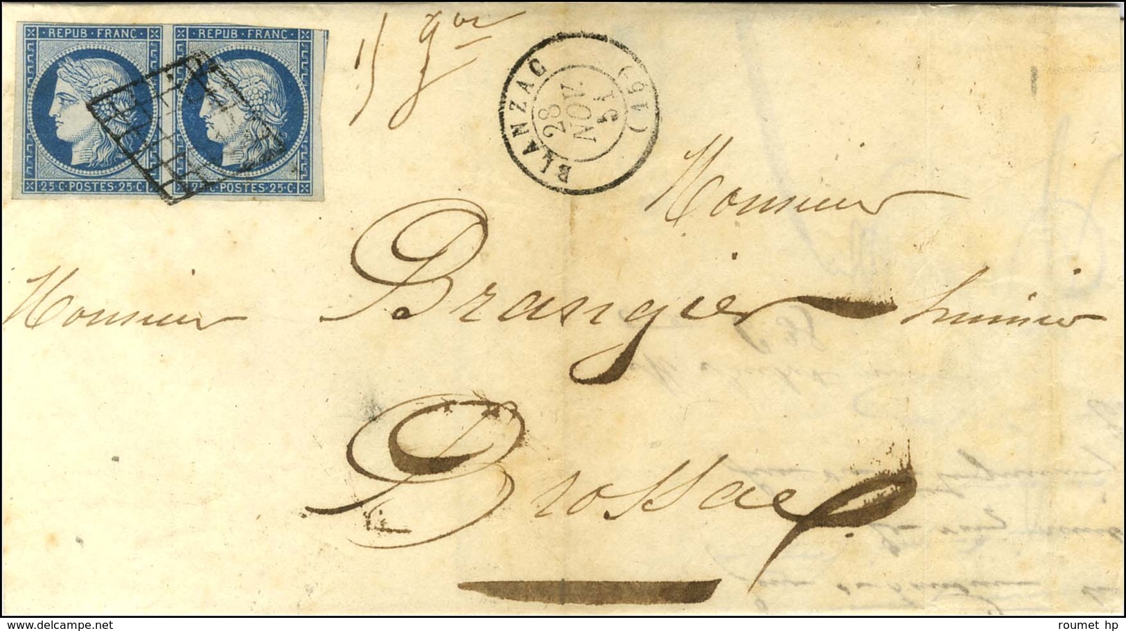 Grille / N° 4 Paire, 1 Ex Def Càd T 15 BLANZAC (15). 1851. - TB. - 1849-1850 Cérès