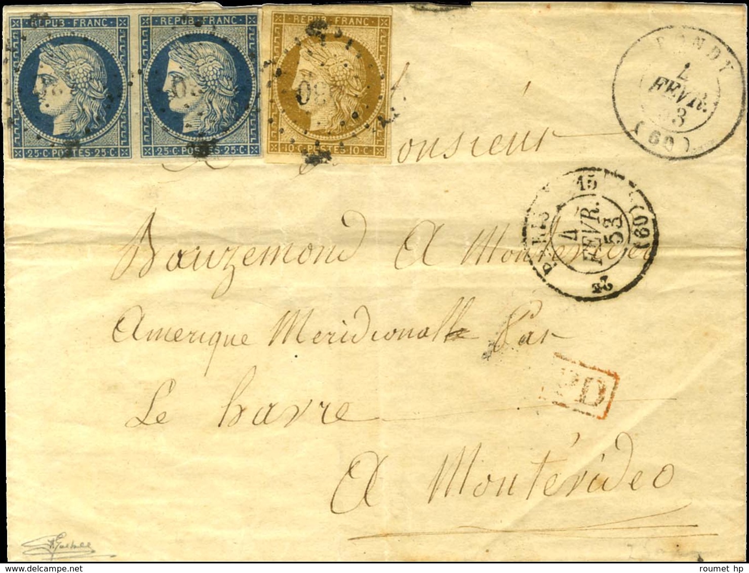 PC 430 / N° 1 + 4 Paire (def) Càd T 15 BONDY (60) Sur Lettre Adressée à Montevideo Par Les Bâtiments De Commerce. 1853.  - 1849-1850 Ceres