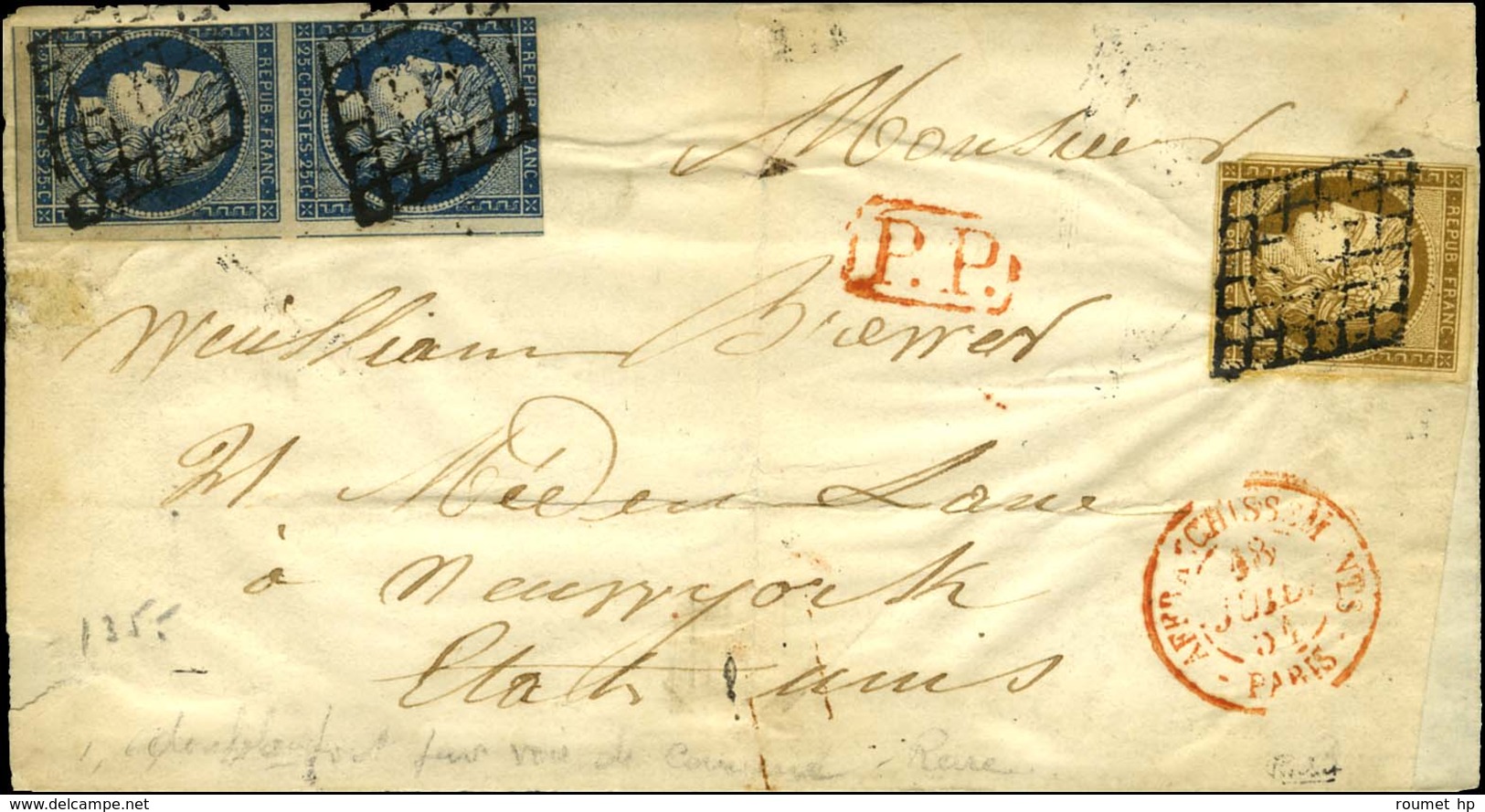 Grille / N° 1 (def) + 4 Paire (def) Càd Rouge AFFRANCHISSEMENTS / PARIS Sur Devant De Lettre Pour New York. 1861. - B /  - 1849-1850 Cérès