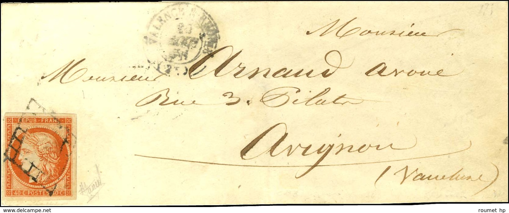 Grille / N° 5 Càd T 15 VILLEFRANCHE-S-RHONE (25) Sur Lettre Pour Avignon. 1851. - TB. - R. - 1849-1850 Ceres