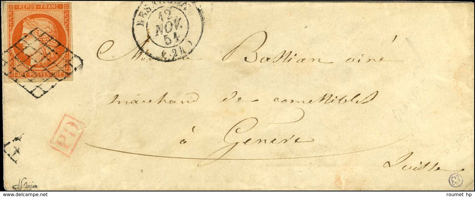 Grille / N° 5 Càd T 15 BESANÇON (24) Sur Lettre Pour Genève. 1851. - TB / SUP. - R. - 1849-1850 Cérès