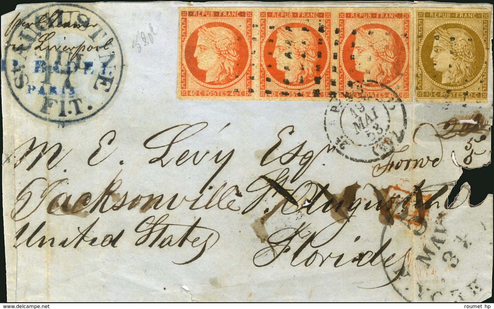 Roulette De Gros Points / N° 1 Def + N° 5 Bande De 3 Càd PARIS (60) Sur Devant De Lettre Pour Les Etats-Unis. 1853. - B  - 1849-1850 Ceres