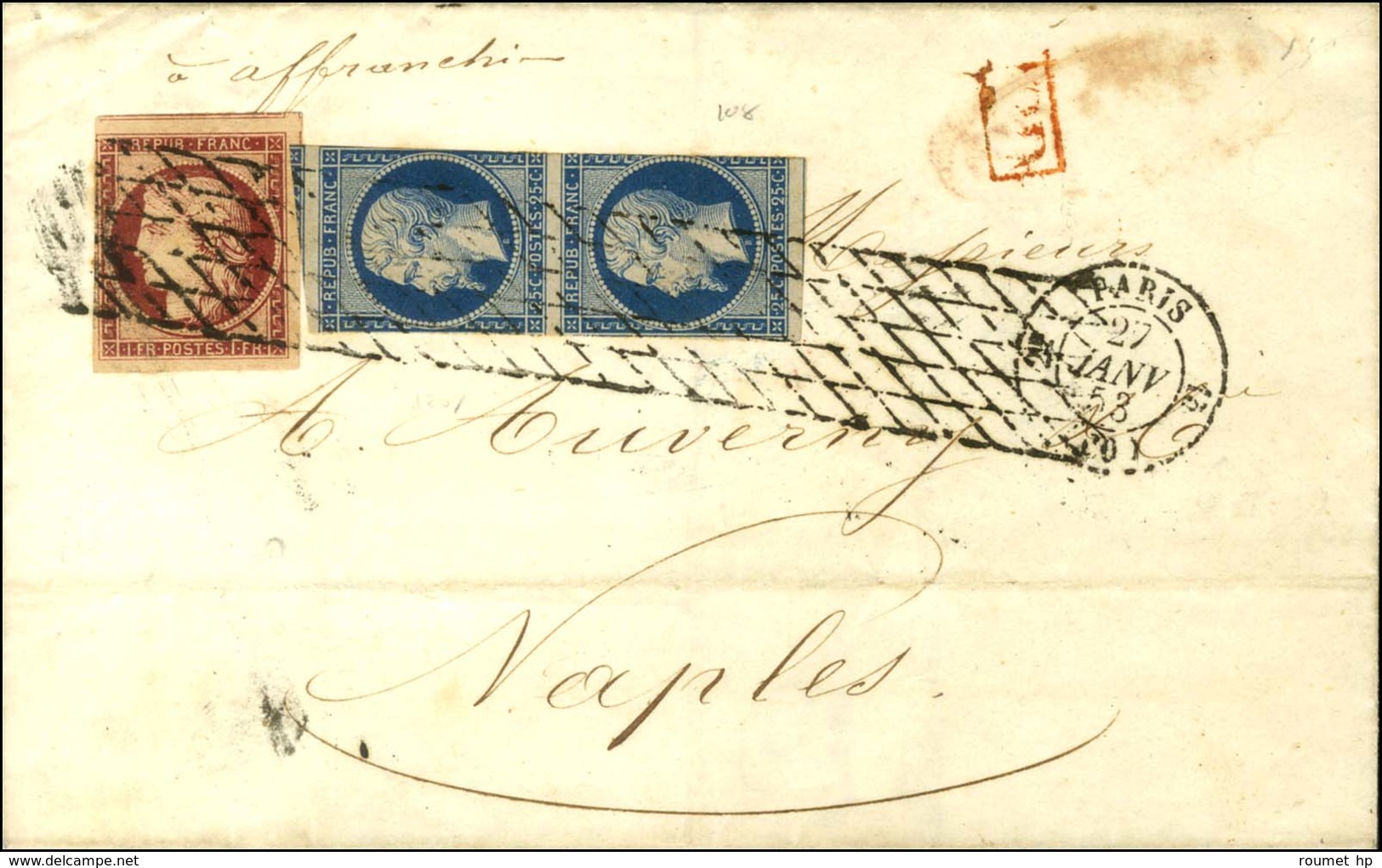 Grille Sans Fin / N° 6 + 10 Paire Def Càd PARIS (60) Sur Lettre 3 Ports Pour Naples. 1853. - TB. - R. - 1849-1850 Cérès