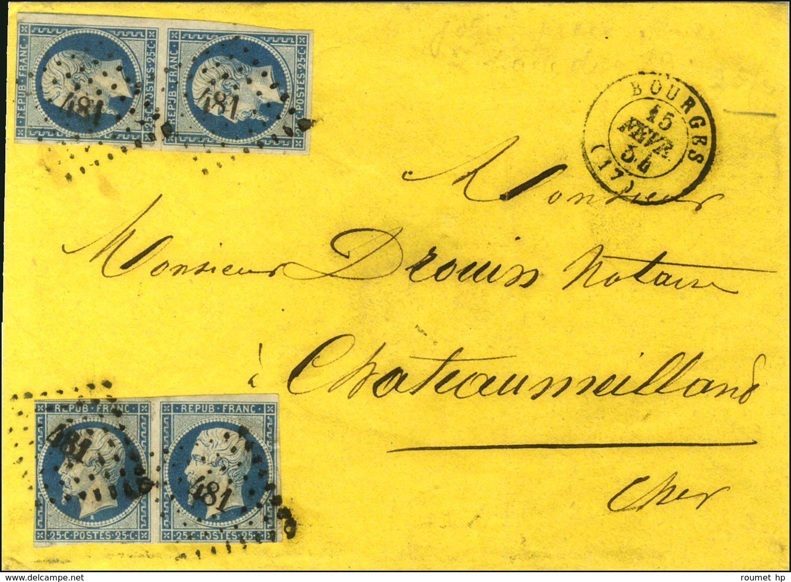 PC 481 / N° 10 Paire (2) (2 Ex Leg Def) Càd T 15 BOURGES (17) Sur Lettre 3 Ports Pour Château Meillant. 1854. - TB. - R. - 1852 Louis-Napoleon