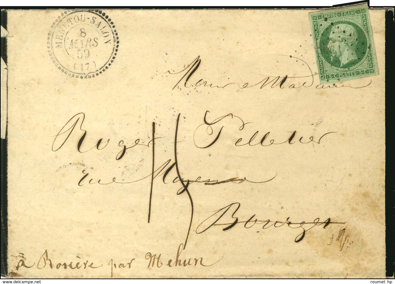 PC 1958 / N° 12 Càd T 22 MENETOUT-SALON (17) Sur Imprimé Complet Adressé à Bourges Réexpédié à Mehun Et Taxé 15c Manuscr - 1853-1860 Napoleon III