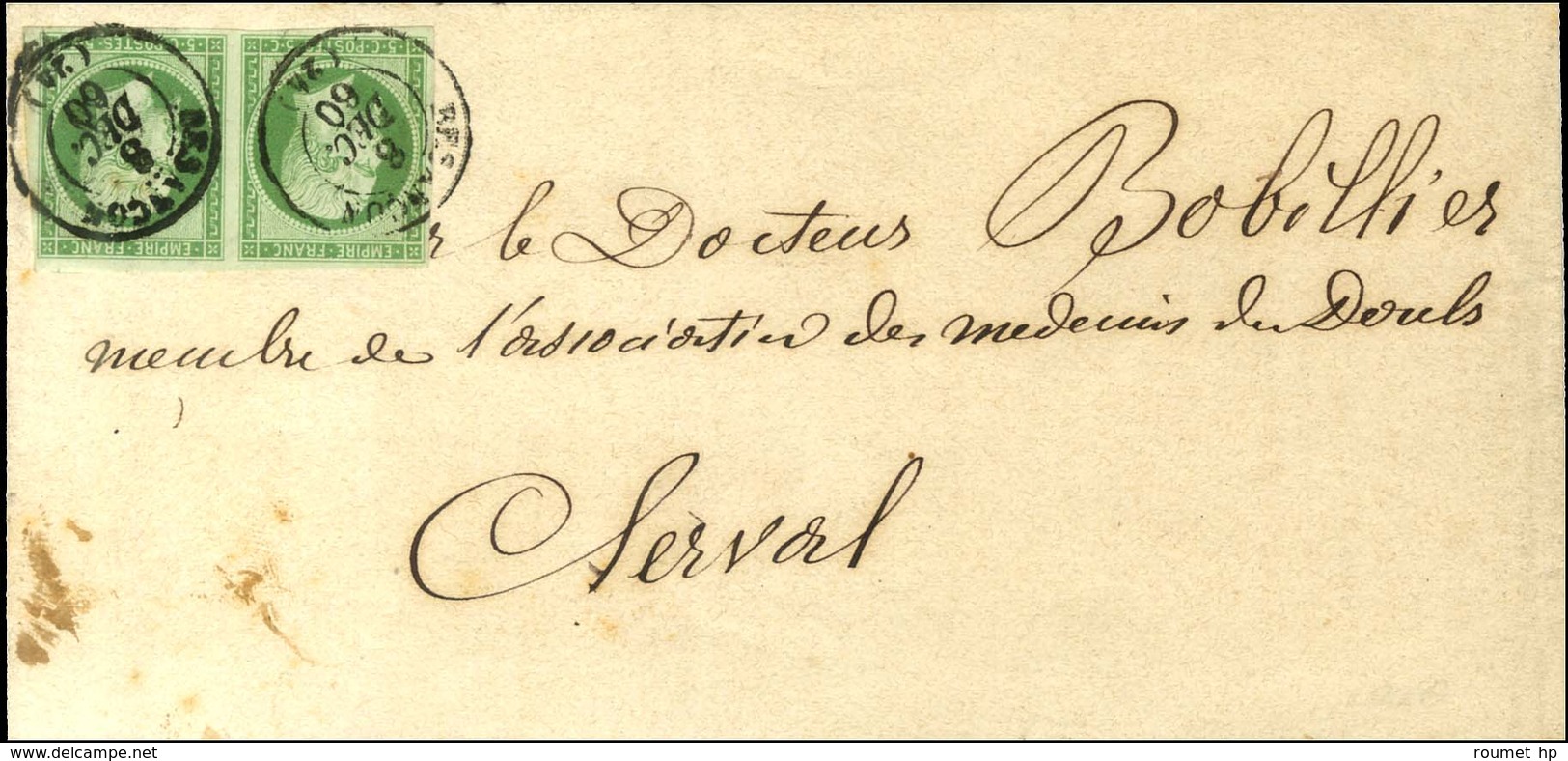 Càd T 15 BESANÇON (24) / N° 12 Paire Sur Bande D'imprimé Pour Clerval. 1860. - TB / SUP. - 1853-1860 Napoléon III.