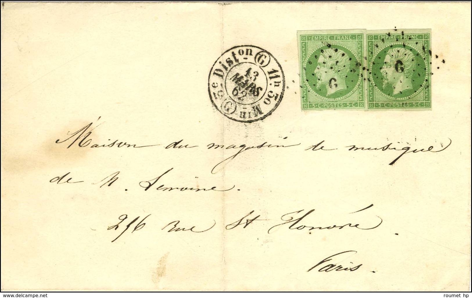 Losange G / N° 12 (2) Deux Nuances Càd DISTon G Sur Lettre De Paris Pour Paris. 1862. - TB / SUP. - 1853-1860 Napoleone III