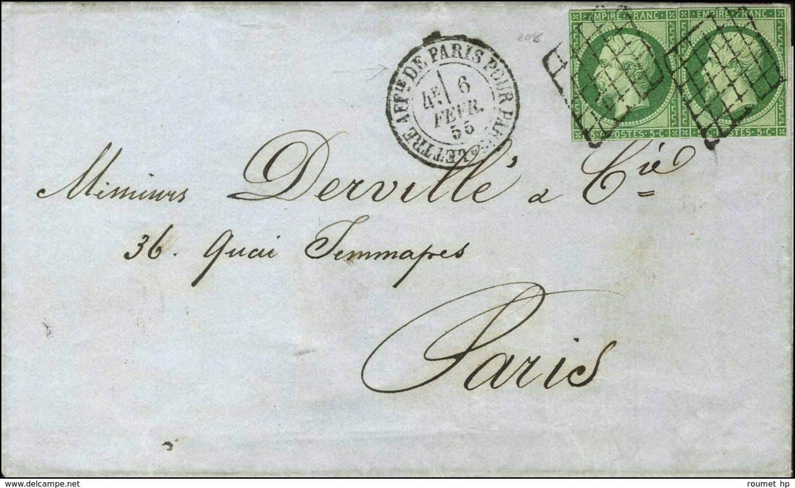 Grille / N° 12 (2) Leg Def Càd LETTRE AFFie DE PARIS POUR PARIS Sur Lettre Locale. 1855. - TB. - R. - 1853-1860 Napoléon III.
