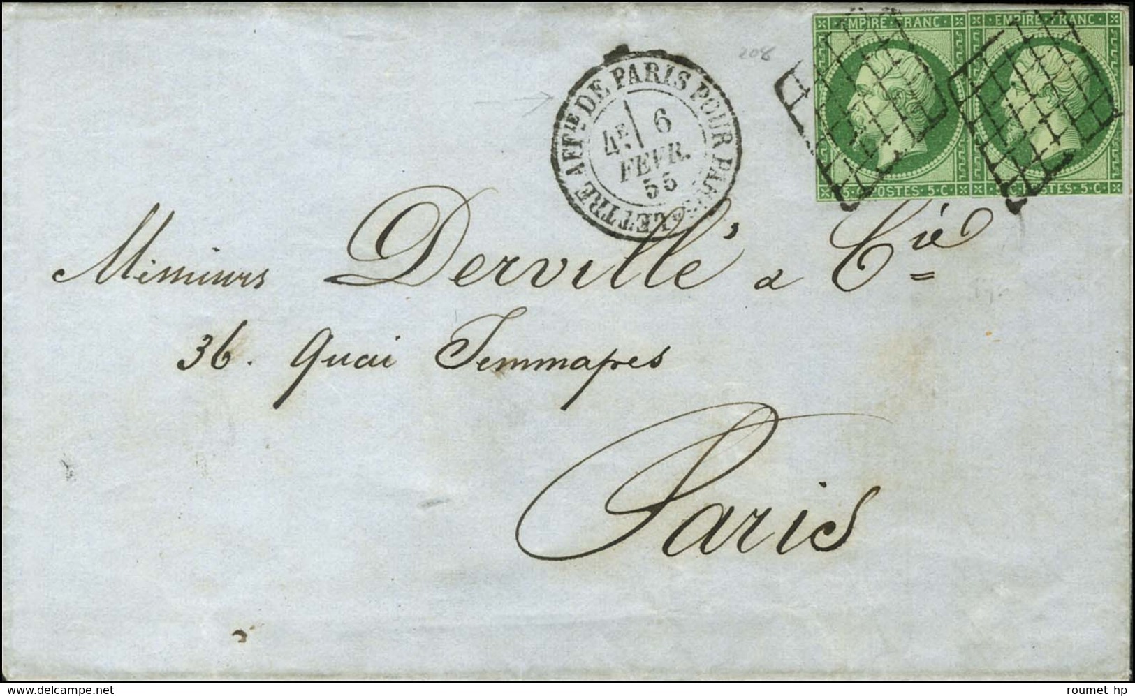 Grille / N° 12 (2) Leg Def Càd LETTRE AFFie DE PARIS POUR PARIS Sur Lettre Locale. 1855. - TB. - R. - 1853-1860 Napoleone III