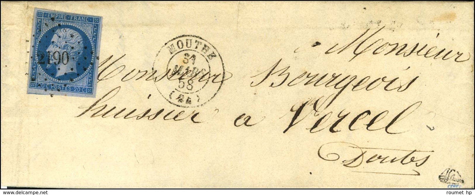 PC 2190 / N° 14 Bleu Sur Lilas Càd T 15 MOUTHE (24). 1858. - SUP. - 1853-1860 Napoléon III.