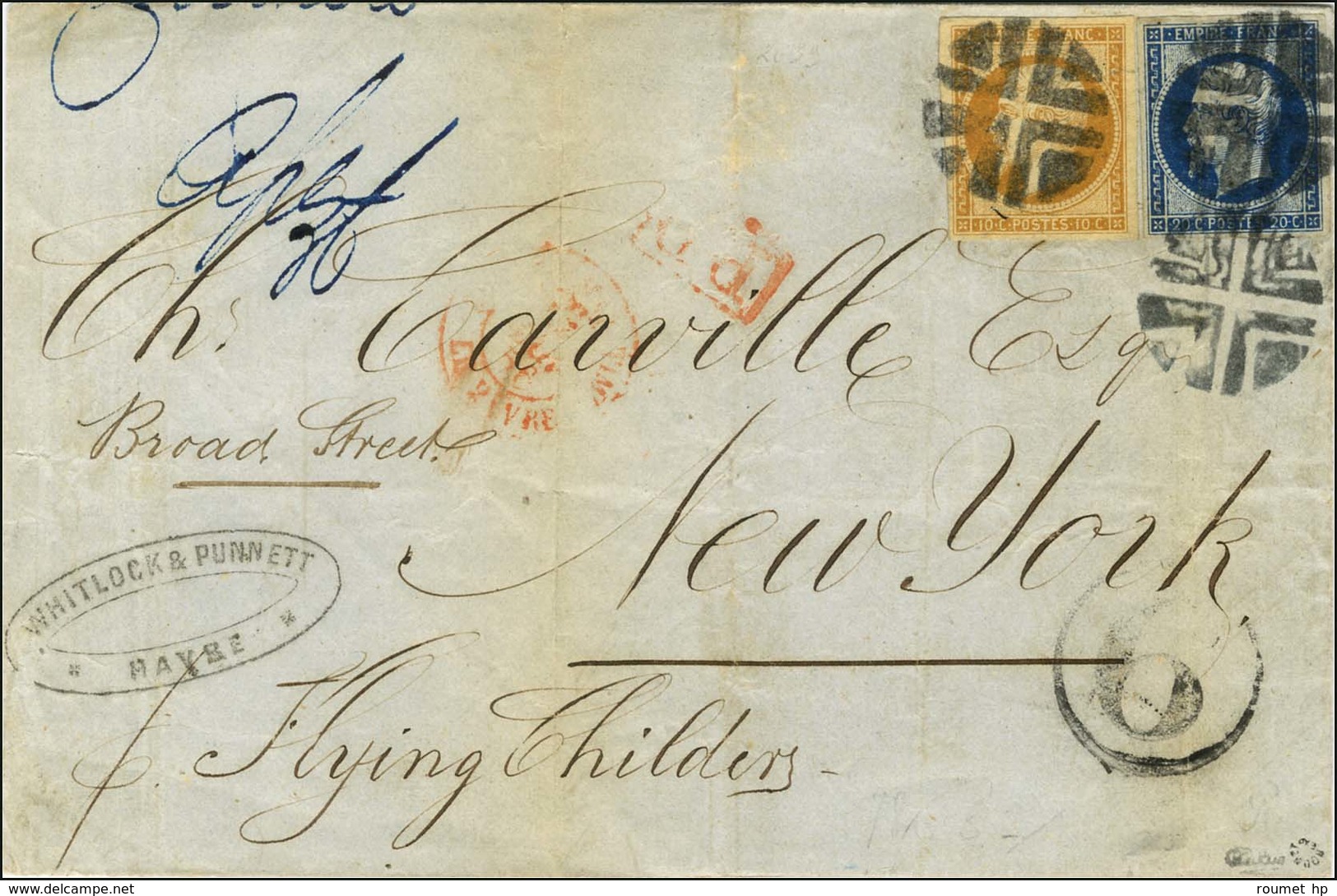 Cachet US / N° 13 + 14 Sur Lettre Avec Texte Du Havre Pour New York Acheminée Par La Voie Des Bâtiments De Commerce. 185 - 1853-1860 Napoleon III