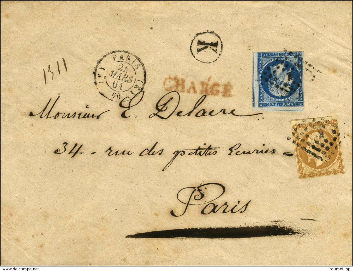Losange K / N° 13 + 14 Càd (K) PARIS (K) 60 Sur Lettre Chargée Locale. 1861. - TB. - R. - 1853-1860 Napoleon III