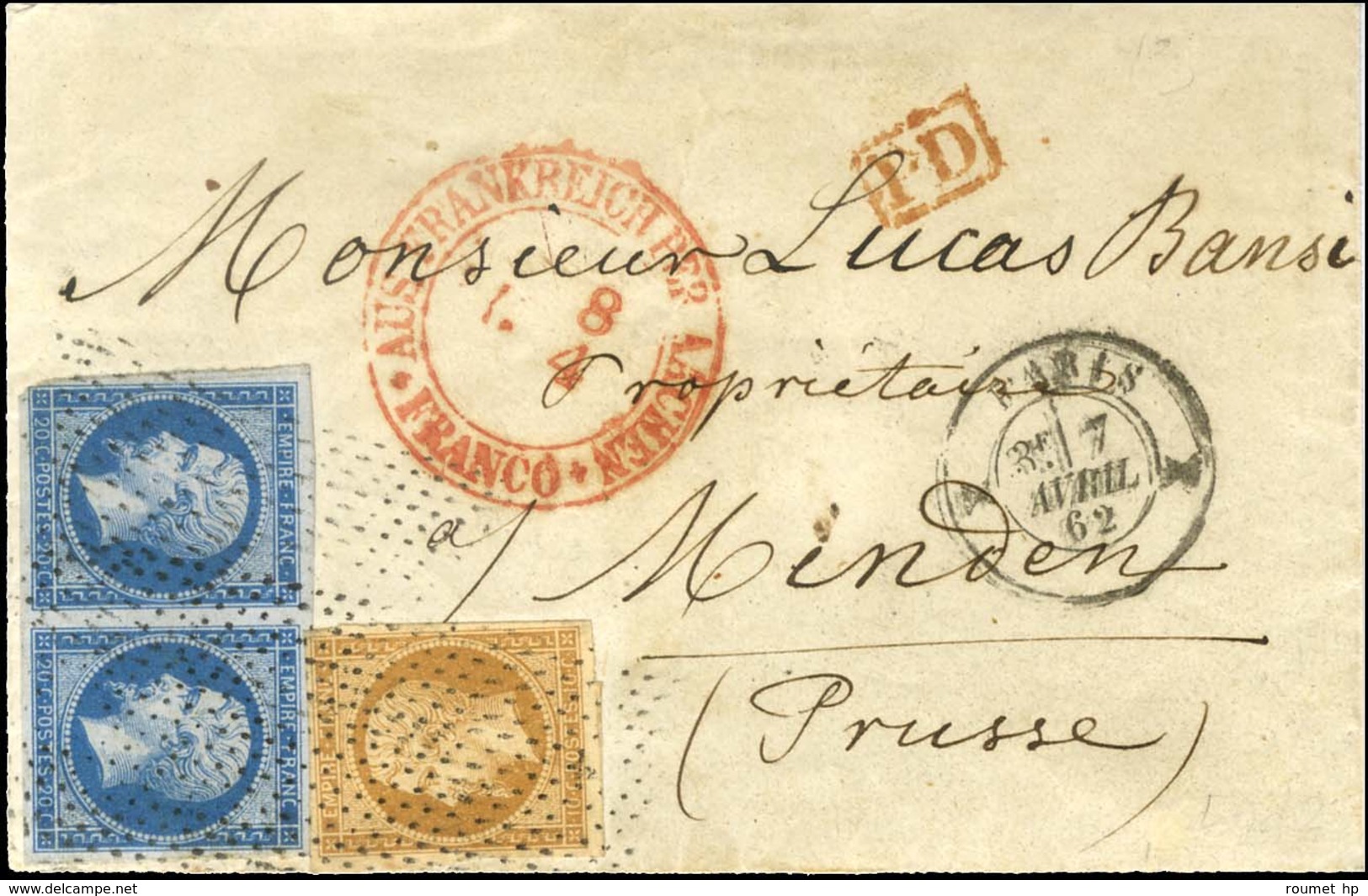 Rouleau De Pointillés / N° 13 + 14 Paire Càd Diabolo X PARIS X Sur Lettre Pour Minden (Prusse). 1862. - TB / SUP. - R. - 1853-1860 Napoleon III
