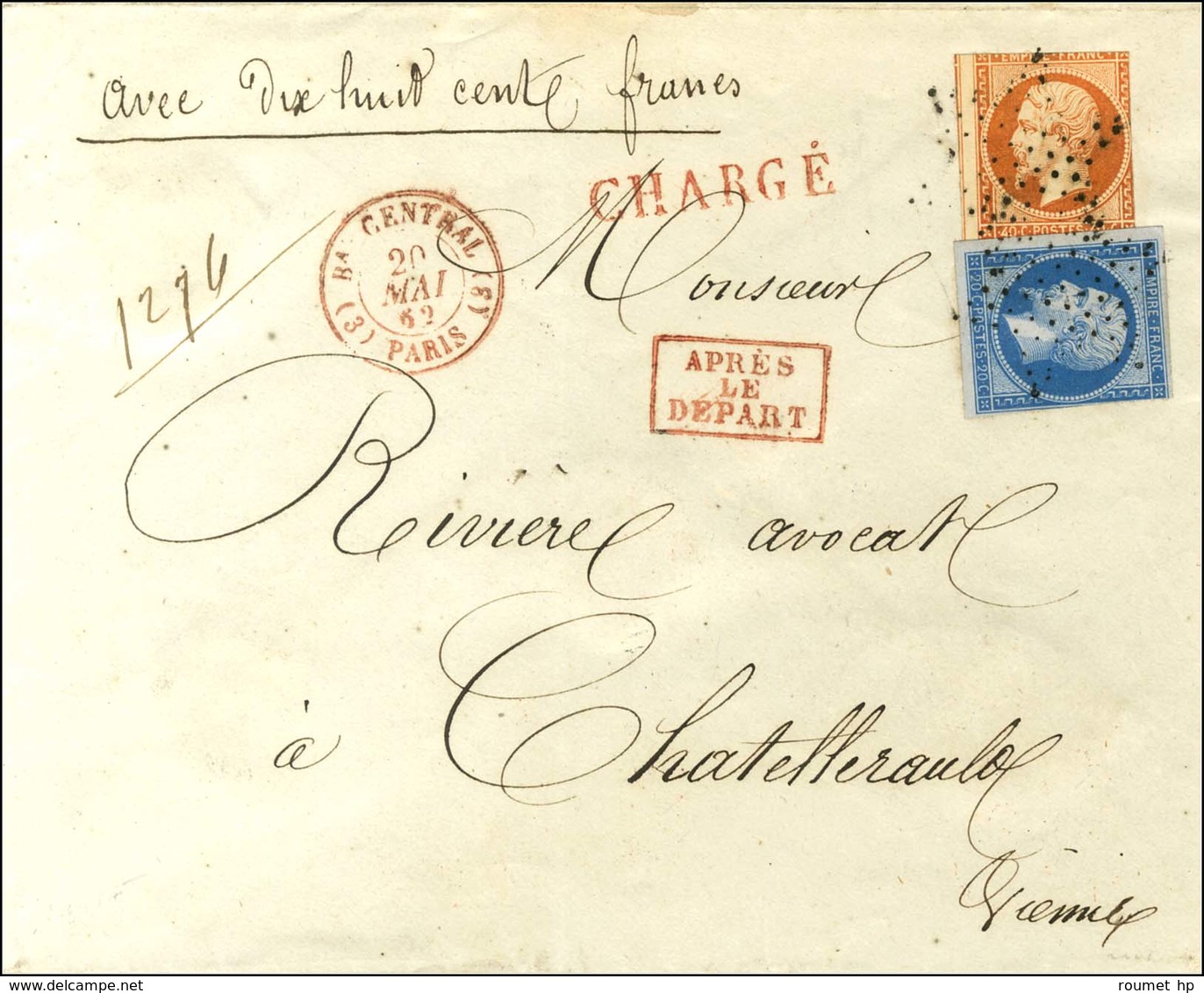 Etoile / N° 14 + 16 (les 2 Ex Pd) Càd Rouge (3) Bau CENTRAL (3) / PARIS Sur Lettre Chargée Pour Châtellerault, Au Recto  - 1853-1860 Napoleon III