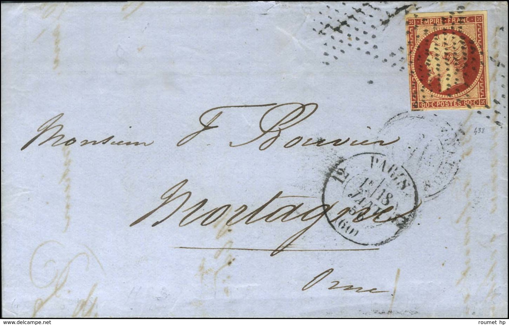 Roulette D'étoiles / N° 12 Filet à Peine Effleuré Càd 12 PARIS 12 (60) Sur Lettre 3 Ports Pour Mortagne. 1856. - TB. - 1853-1860 Napoléon III.