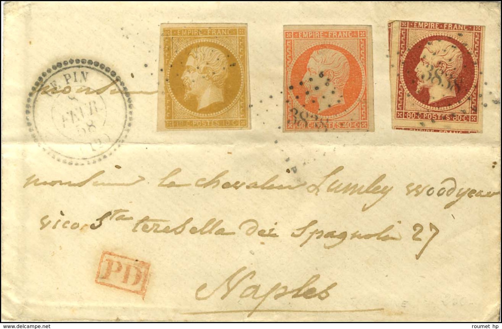 PC 3838 / N° 13 + 16 + 17 Def Càd T 22 LE PIN (12) Sur Lettre Pour Naples. 1858. - TB. - 1853-1860 Napoléon III.