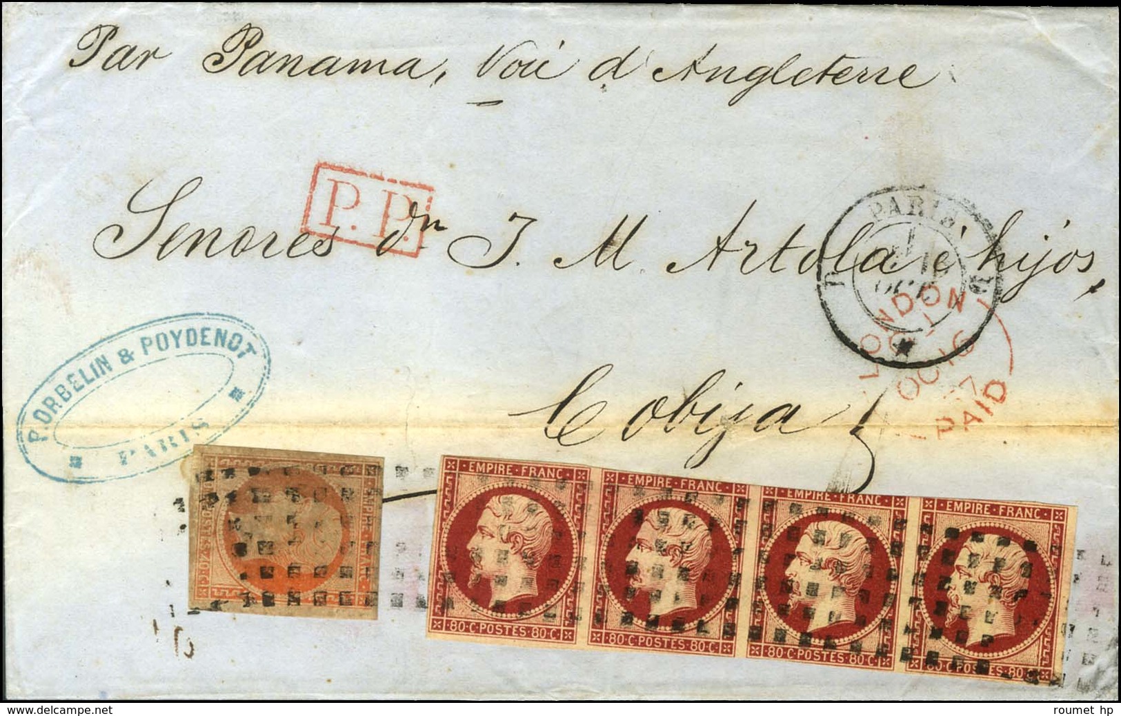 Rouleau De Gros Points / N° 16 + 17 Bande De 4, Qlq Def Càd D PARIS D Sur Lettre Pour Cobija, '' Par Panama ''. 1857. -  - 1853-1860 Napoleon III