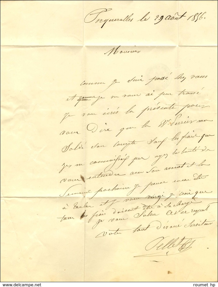 Càd TOULON / CAMP DE PORQUEROLLES Sur Lettre Avec Timbre Manquant Et Texte Daté De Porquerolles Le 29 Août 1856. Excepti - 1853-1860 Napoleon III