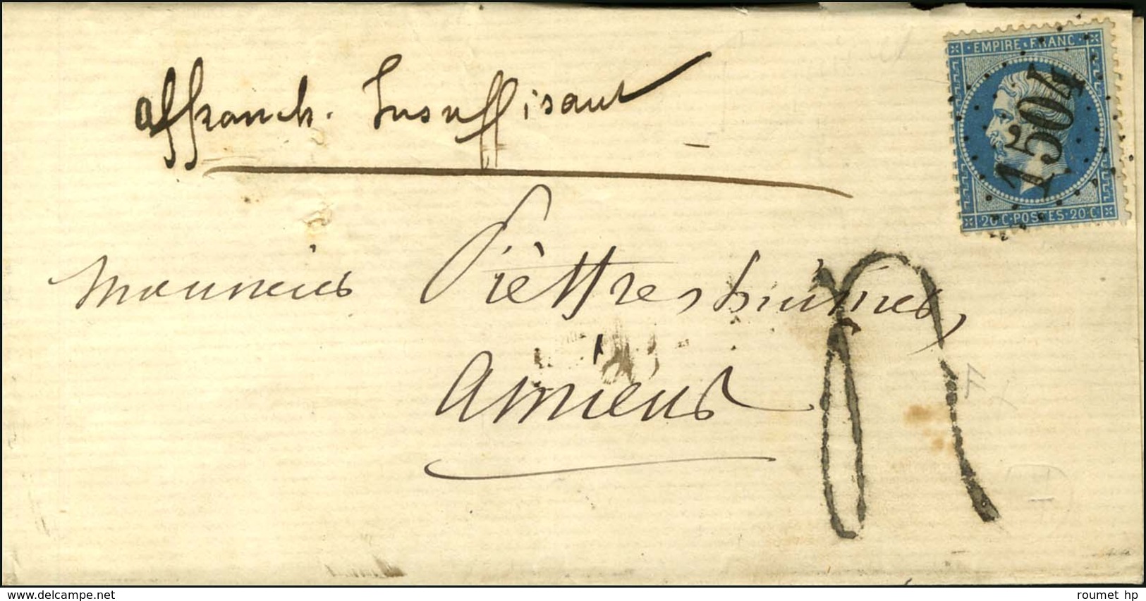 GC 1504 (Feuquières) / N° 22 Sur Lettre Avec Texte Daté Du 12 Avril 1863 Insuffisamment Affranchie Pour Amiens. Au Recto - 1862 Napoleon III