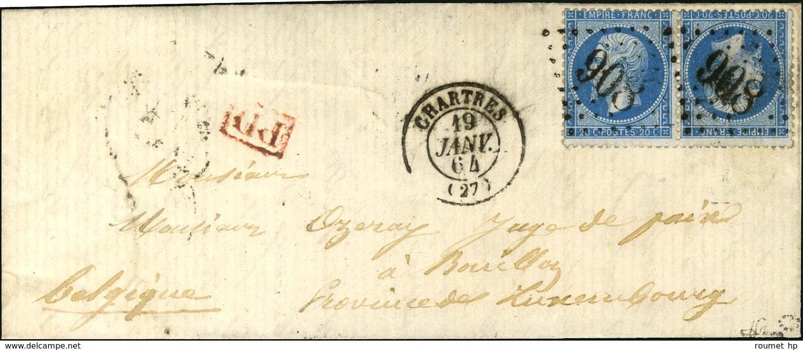 GC 908 / N° 22 Paire Tête-bêche Càd T 15 CHARTRES (27) Sur Lettre Adressée à Bouillon (province De Luxembourg), Au Verso - 1862 Napoléon III