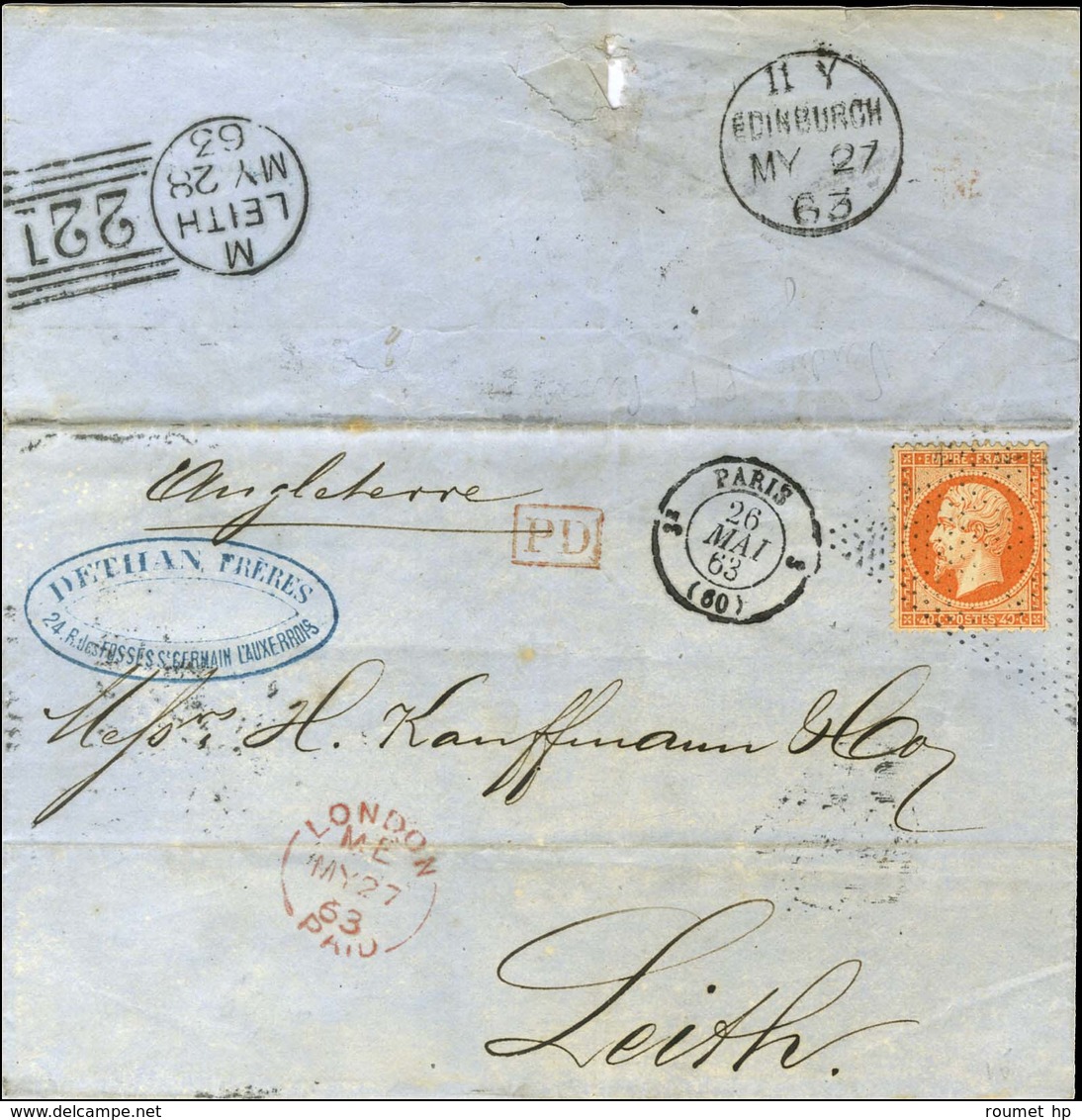 Rouleau De Pointillés / N° 23 Càd PARIS (60) Sur Lettre Pour Leith, Au Verso Killer 221. 1863. - TB / SUP. - 1862 Napoleon III