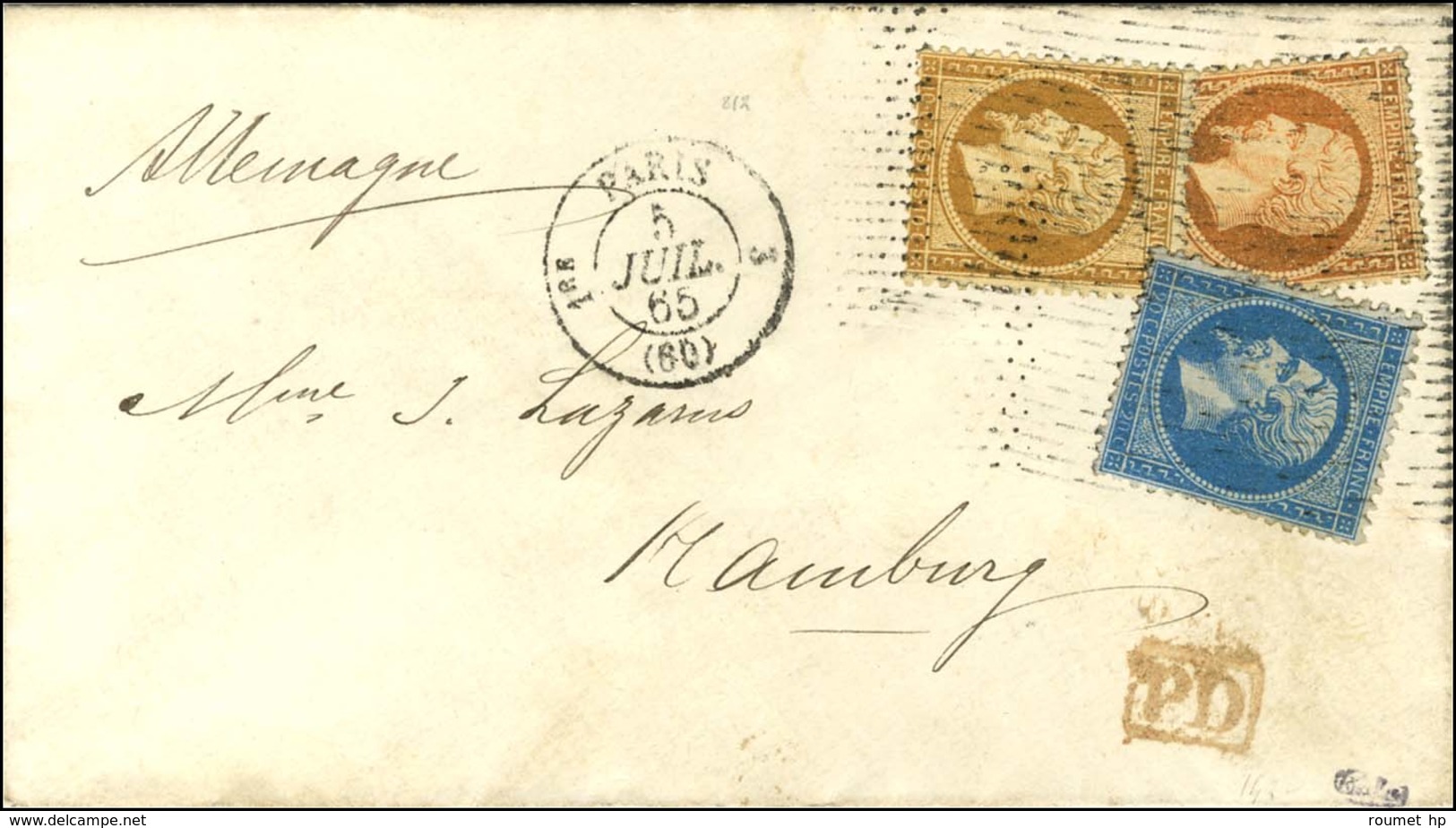 Rouleau De Pointillés / N° 21 + 22 + 23 Càd PARIS (60) Sur Lettre Pour Hambourg. 1865. - TB / SUP. - 1862 Napoleon III