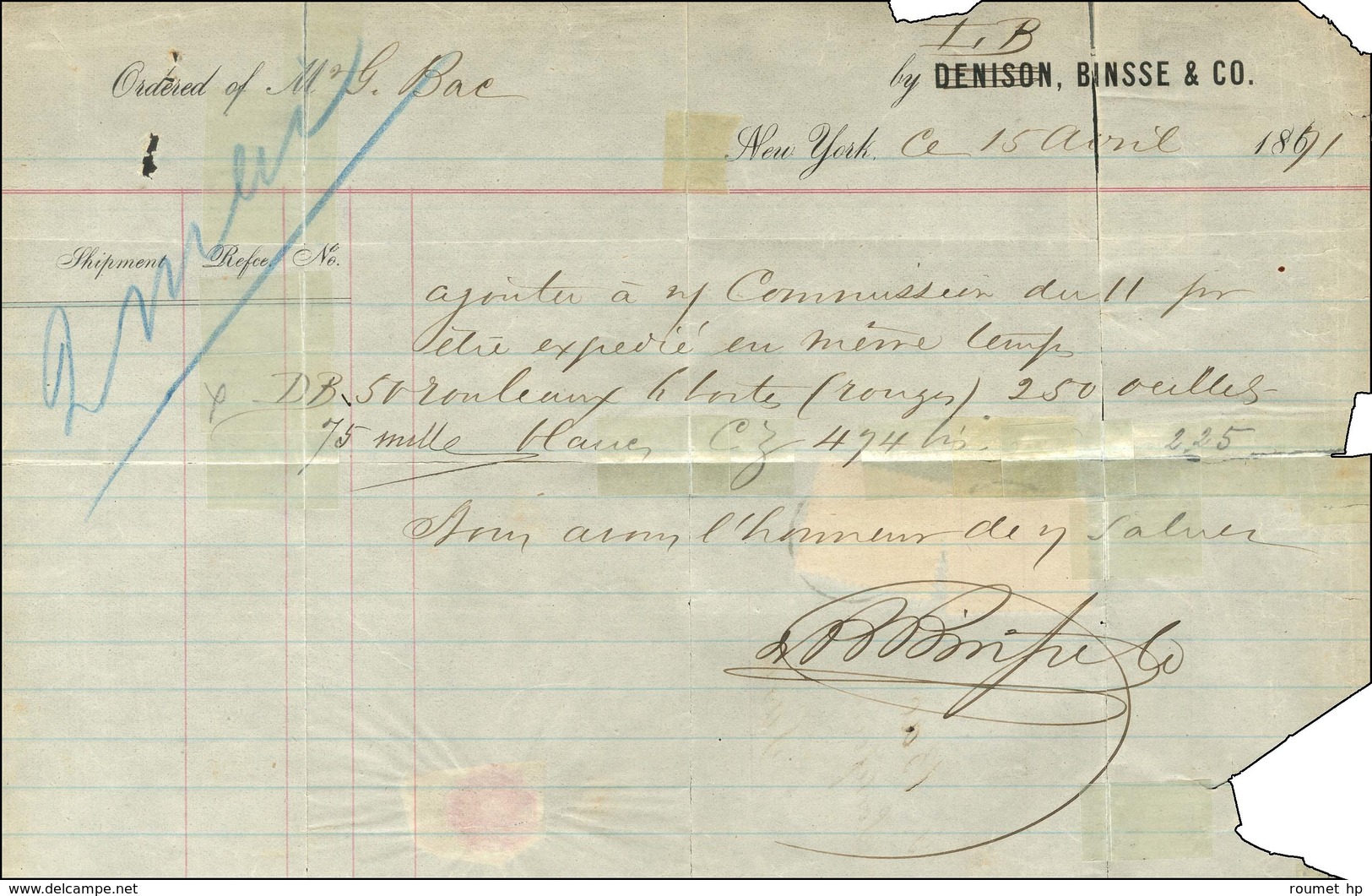 Télégramme Daté De New York Le 15 Avril 1871 Acheminé Jusqu'au Havre Et Remis à Un Agent Chargé De Le Faire Entrer Dans  - 1863-1870 Napoleon III With Laurels