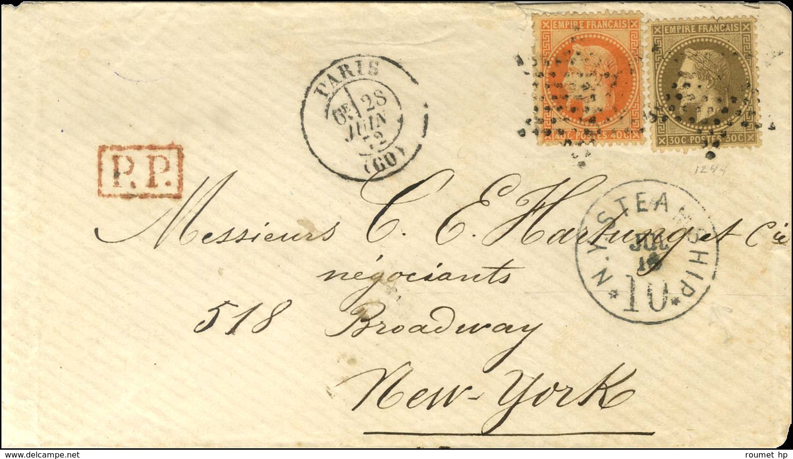 Etoile / N° 30 + 31 Càd PARIS (60) Sur Lettre Pour New York, Càd D'arrivée Au Recto. 1872. - SUP. - 1863-1870 Napoléon III. Laure