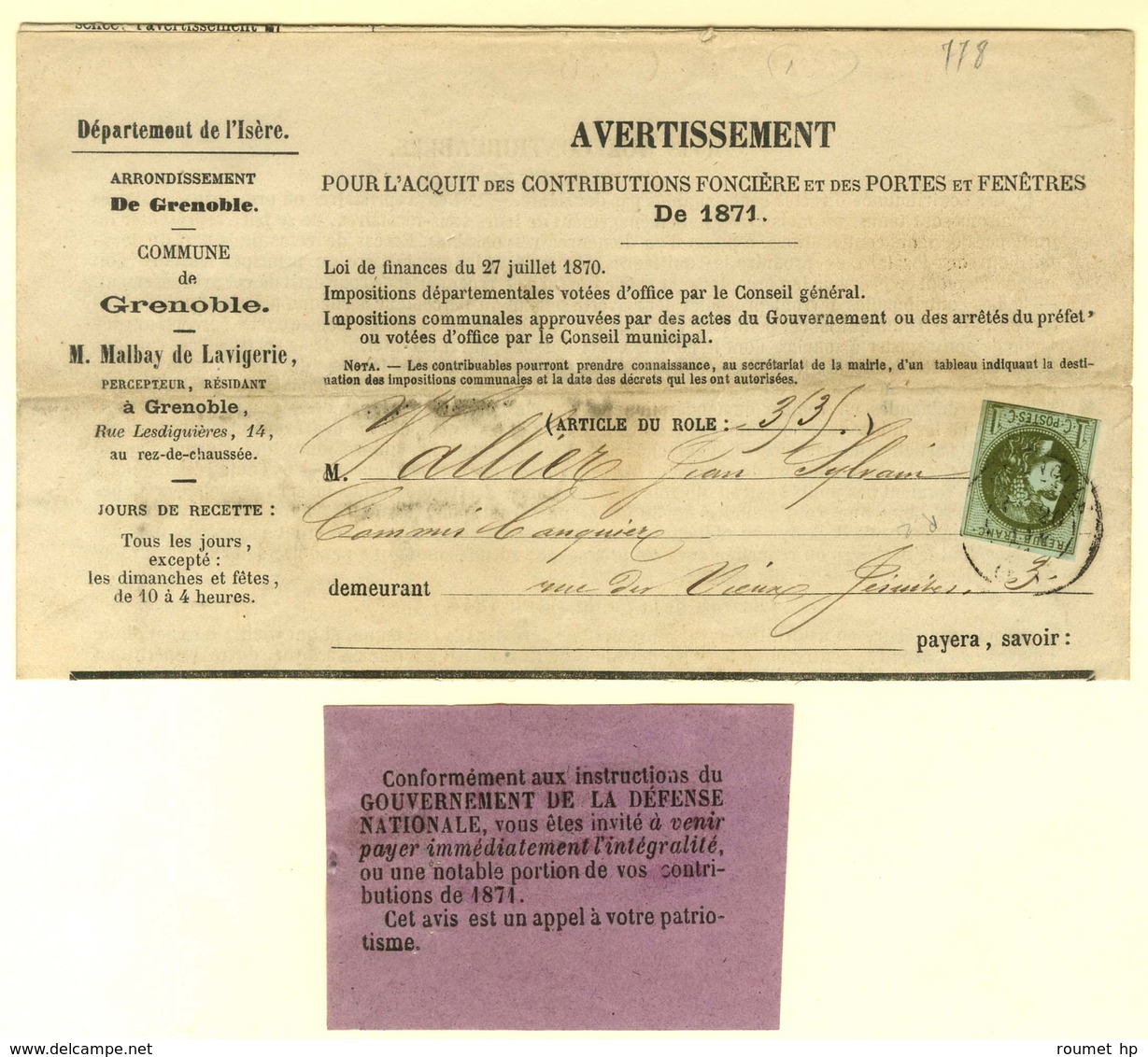 Càd T 17 GRENOBLE (37) / N° 39 Sur Avertissement Avec Papillon Violet Du Gouvernement De La Défense Nationale. 1871. - T - 1870 Emission De Bordeaux