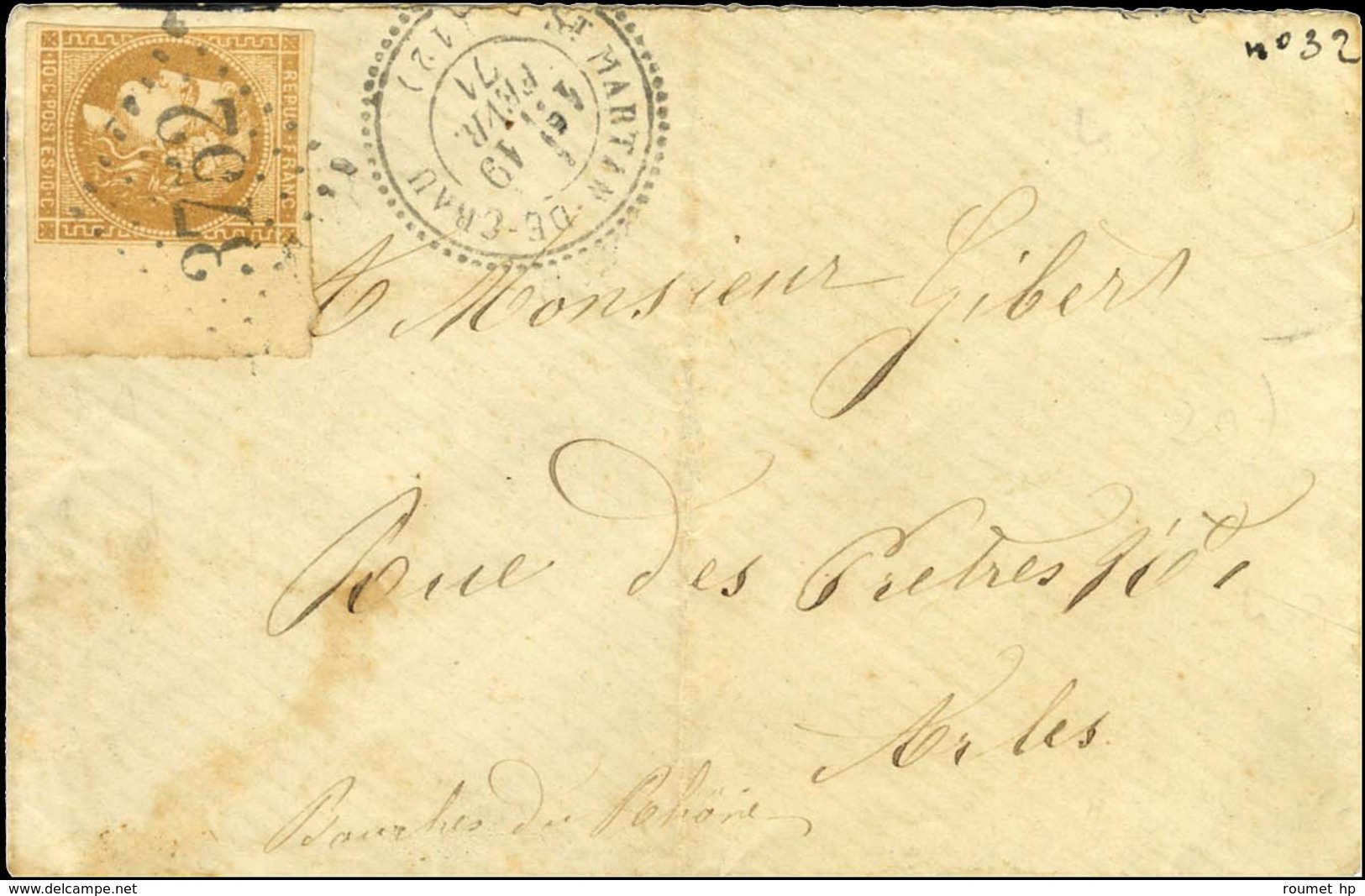 GC 3752 / N° 43 Grand Bdf, Filet Effleuré Non Touché Càd T 24 St MARTIN-DE-CRAU (12) Sur Lettre Locale Pour Arles. 1871. - 1870 Bordeaux Printing