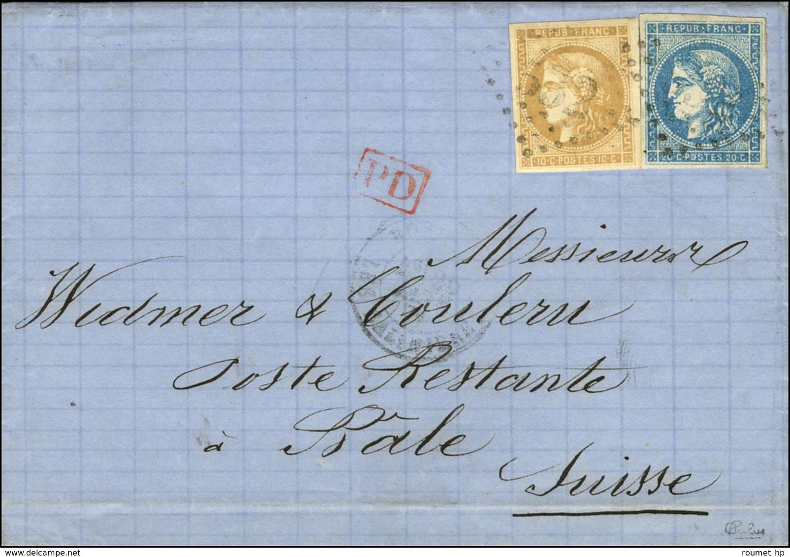 GC 532 / N° 43 + 45 Càd BORDEAUX / LES SALINIERES Sur Lettre Pour Bâle. 1871. - TB / SUP. - 1870 Emisión De Bordeaux