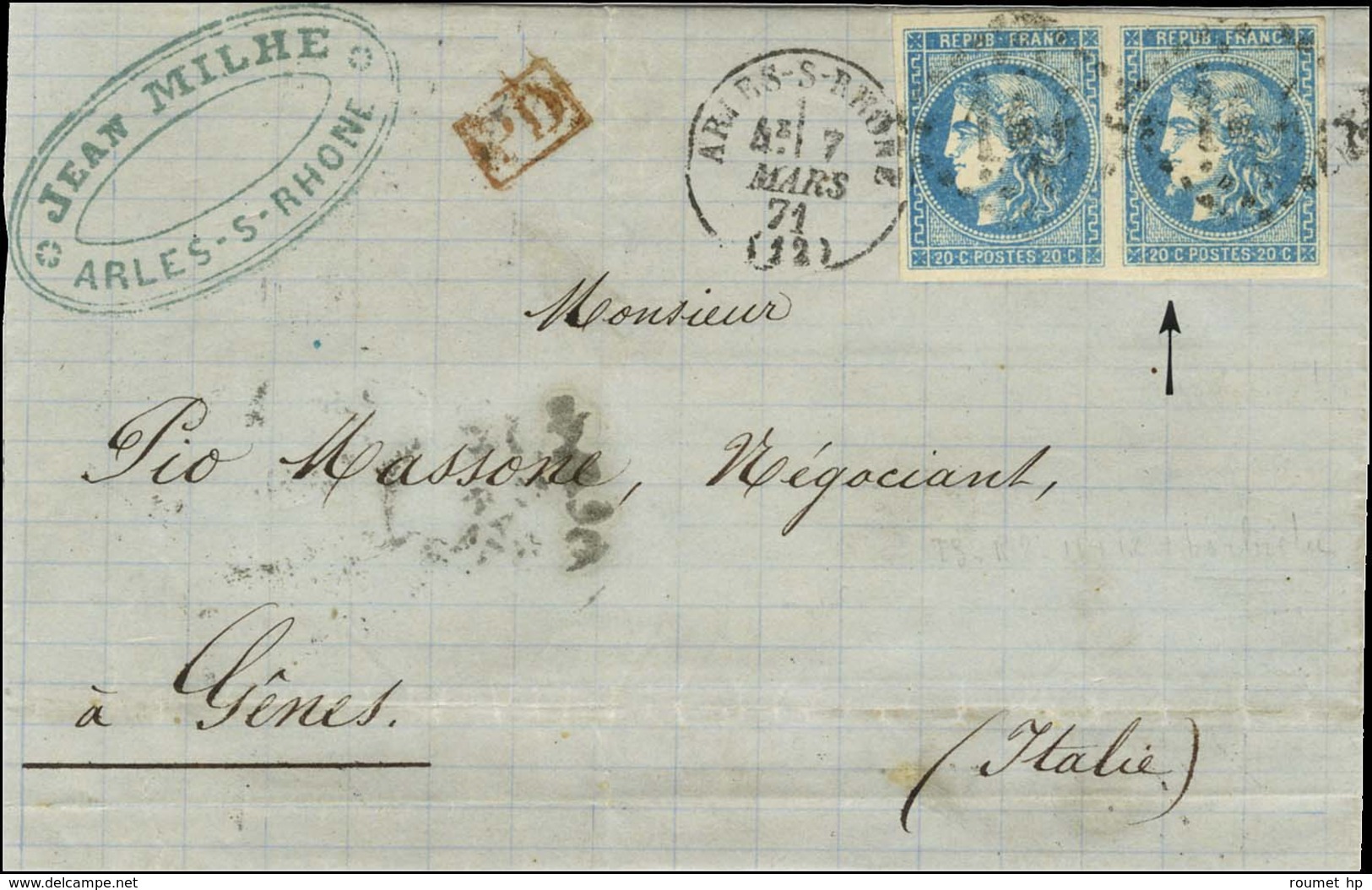 GC 164 / N° 46 Paire Dont Un Ex Variété ' à La Barbiche ' Càd T 16 ARLES-S-RHONE (12) Sur Lettre Pour Gênes. 1871. - TB. - 1870 Bordeaux Printing