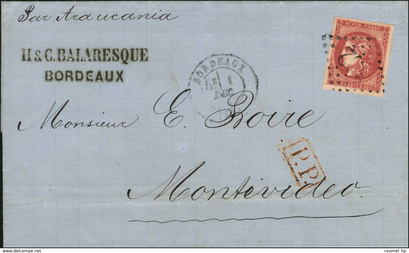 GC 532 / N° 49 Nuance Groseille, Belles Marges Càd T 17 BORDEAUX (32) Sur Lettre Pour Montevideo. 1870. - TB / SUP. - R. - 1870 Bordeaux Printing