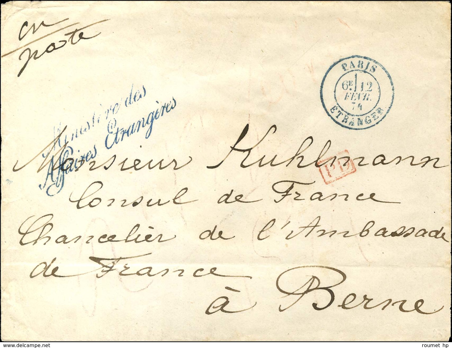 Càd Bleu PARIS / ETRANGER Sur Lettre Avec Griffe De Franchise Bleue ' Ministère Des / Affaires Etrangères ' Pour Le Cons - 1871-1875 Ceres