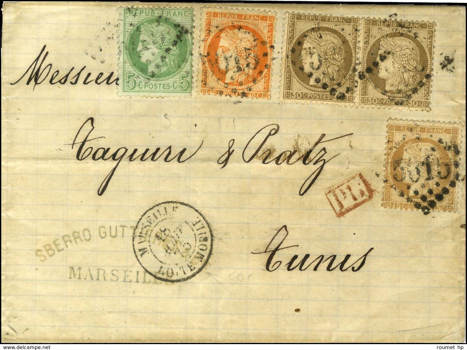 GC 5015 / N° 38 + 53 + 55 Léger Pli + 56 Paire Càd MARSEILLE / BOÎTE MOBILE Sur Lettre Pour Tunis. 1875. - TB. - R. - 1871-1875 Cérès