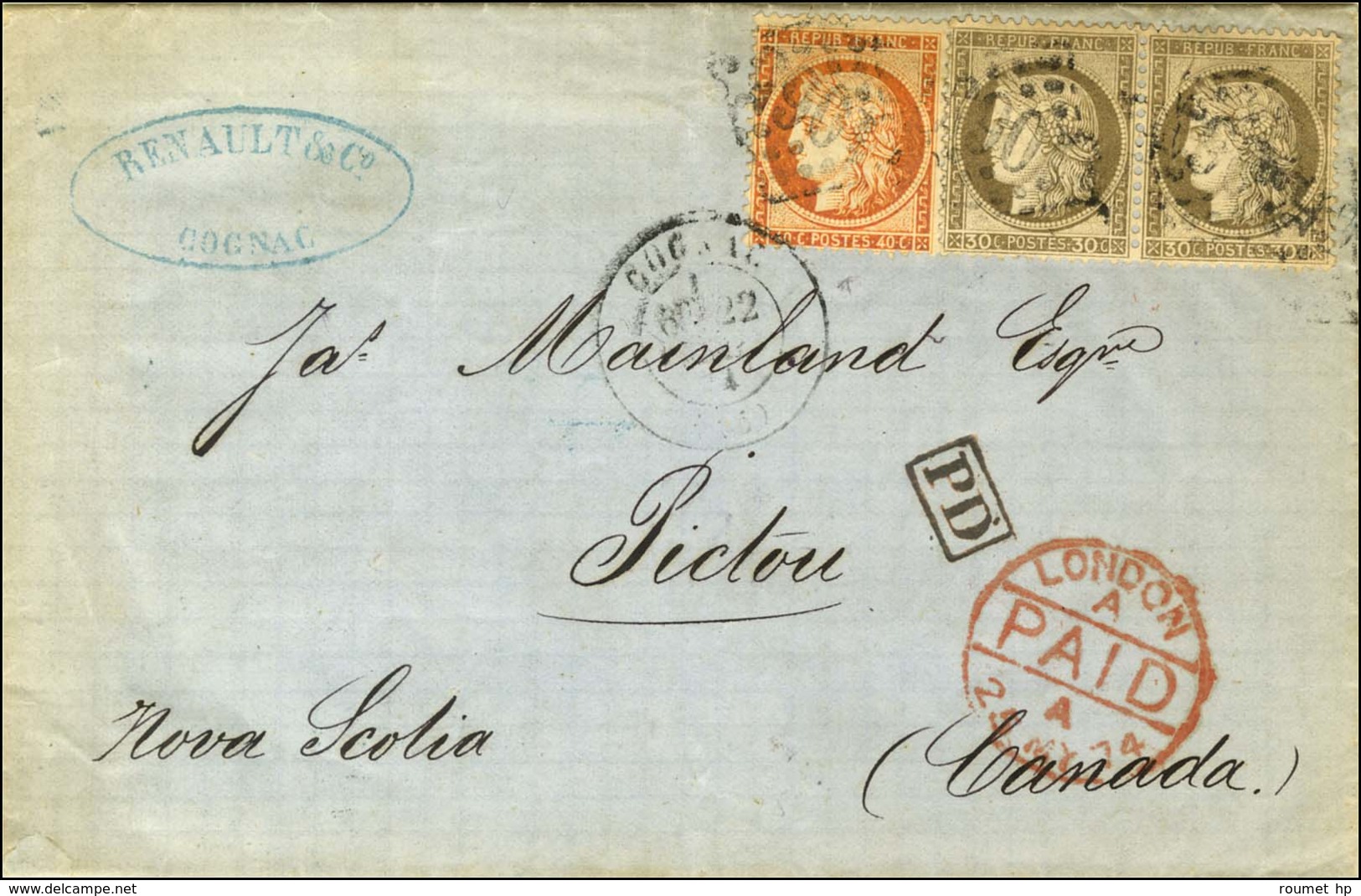 GC 1065 / N° 38 + 56 (2) Càd T 17 COGNAC (15) Sur Lettre Pour Pictou (Canada), Au Verso Càd D'arrivée Halifax. 1874. - T - 1871-1875 Ceres