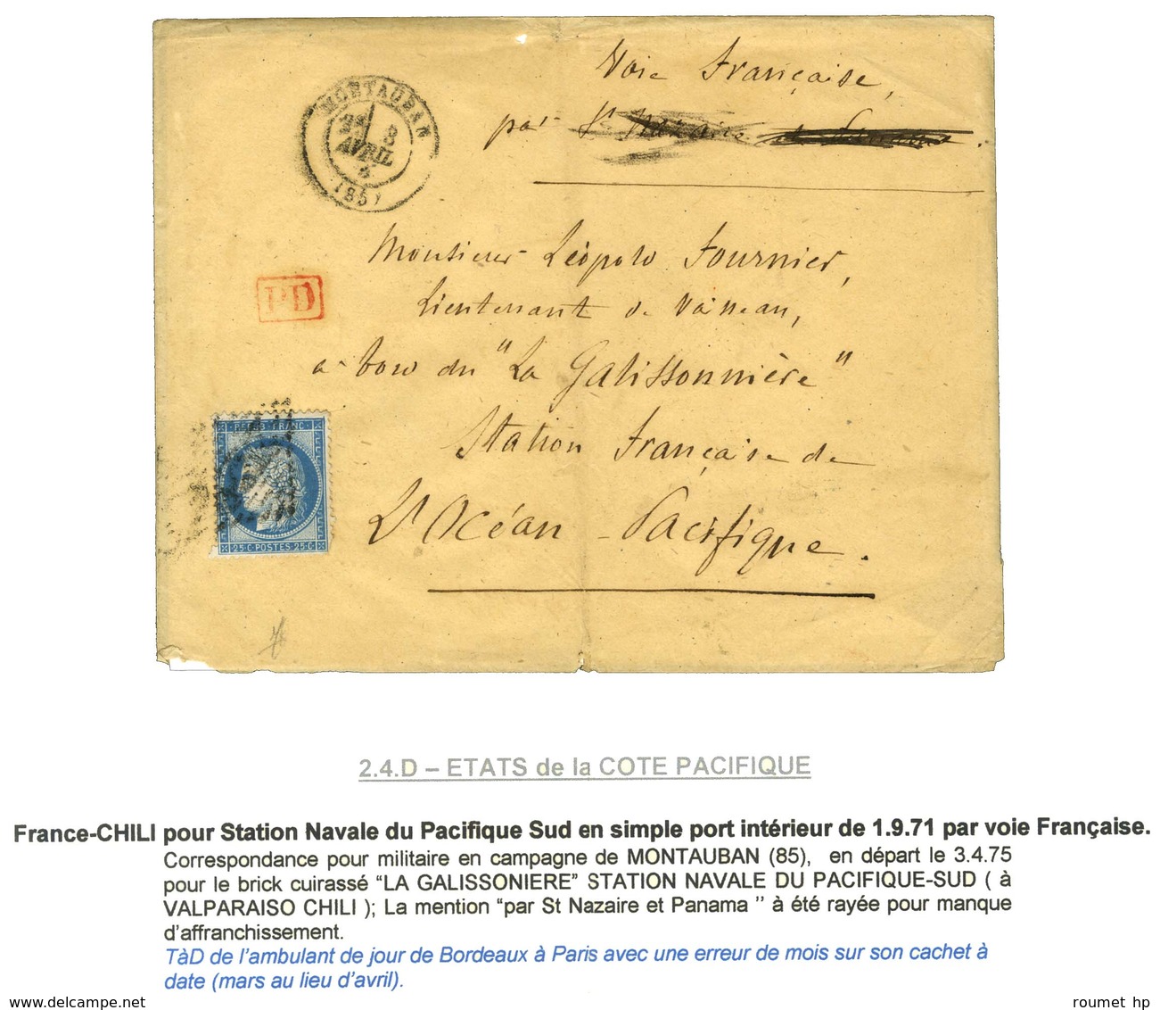 GC 2429 / N° 60 Càd T 17 MONTAUBAN Sur Lettre Adressée Au Tarif De La Correspondance Militaire à Bord De La Galissonnièr - 1871-1875 Cérès