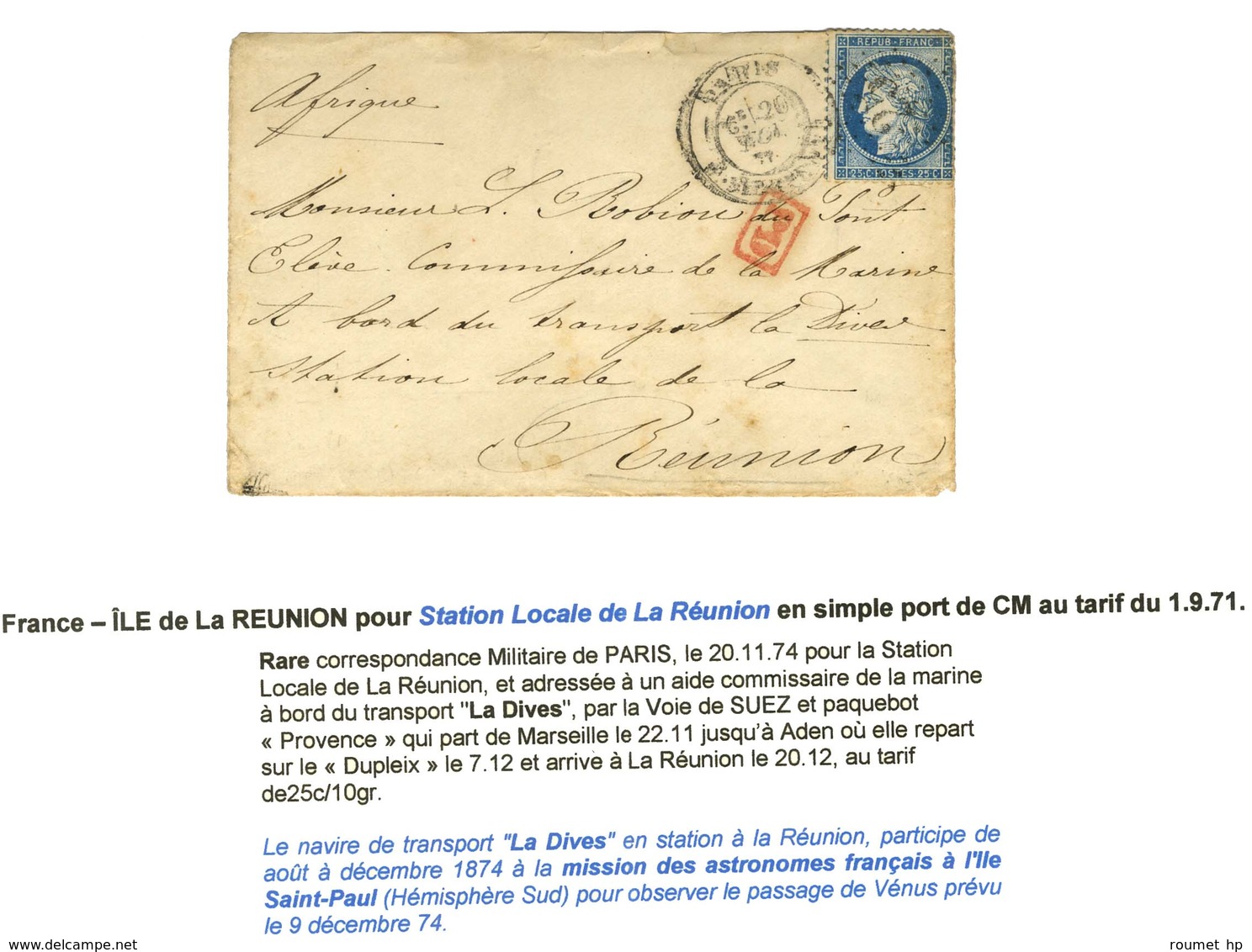 Etoile 25 / N° 60 Càd PARIS / R. SERPENTE Sur Lettre Adressée Au Tarif De Militaire à Bord De La Dives En Station à La R - 1871-1875 Cérès