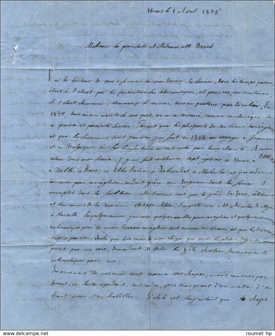 Lettre Avec Texte Daté De Homs (Syrie) Acheminée Jusqu'à Marseille Pour Lyon. GC 2240 Apposé Au Débarquement Sur Le N° 6 - 1871-1875 Ceres